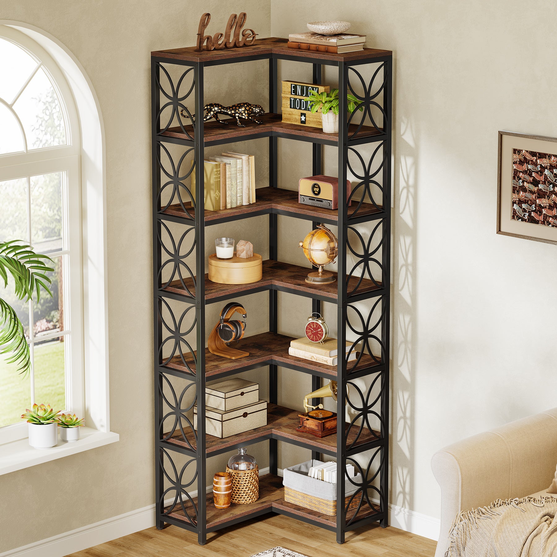 Tribesigns 79-Inch 7-Tier L-Shaped Corner Bookshelf, Tall Wood Bookcase with Metal Frame for Living Room or Office