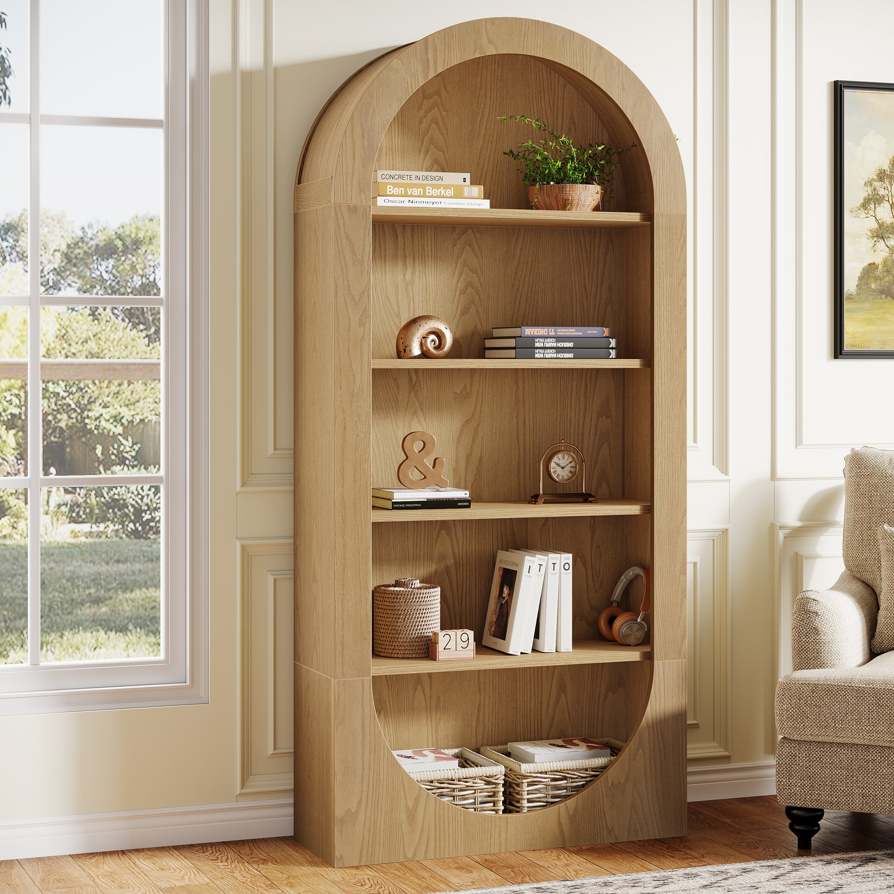 71 Inch Tall Bookshelf with 5 Tier Shelves, Arched Bookcase for Living Room Home Office