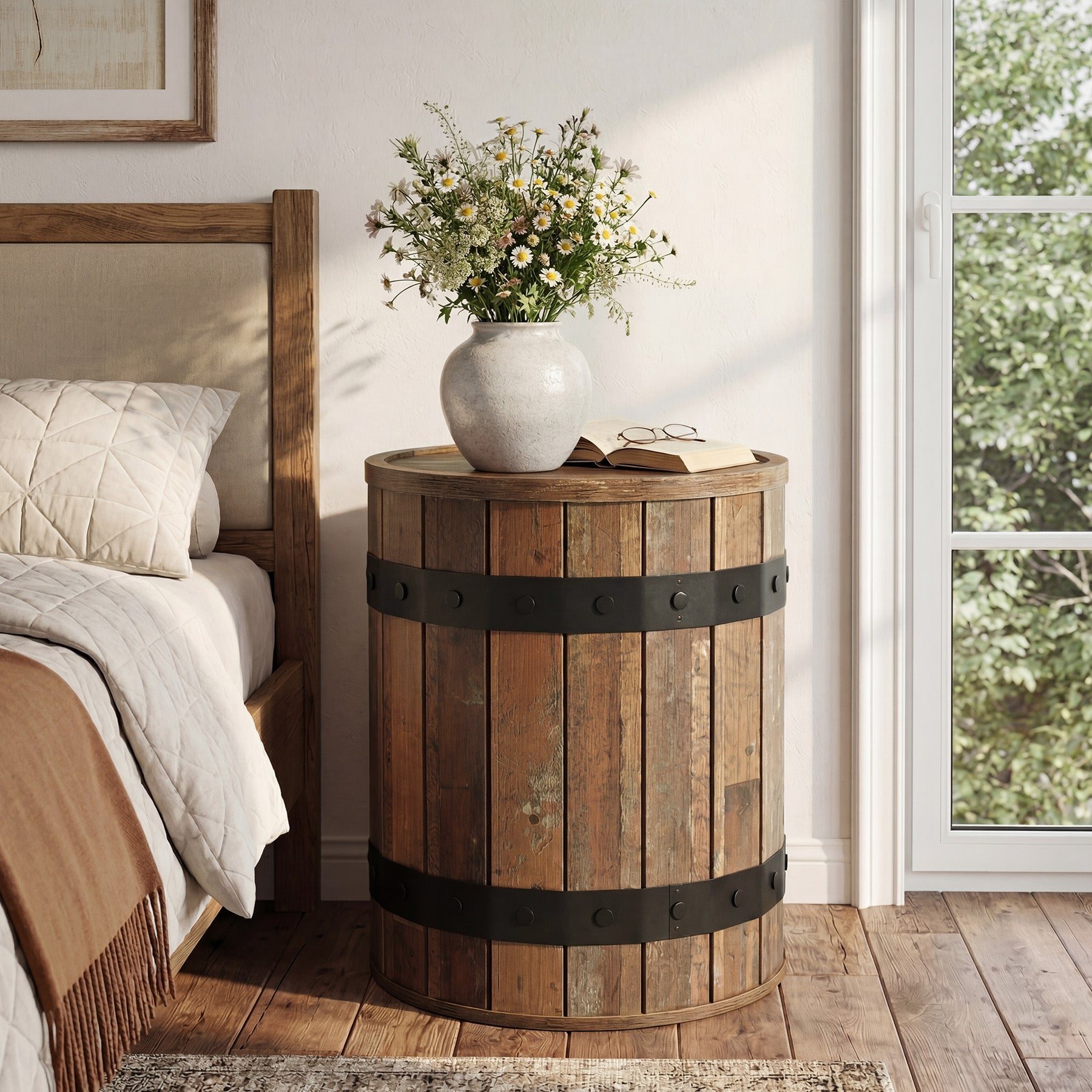 19.68-Inch Barrel Side Table with Hidden Storage, Farmhouse Round End Table with Removable Lid