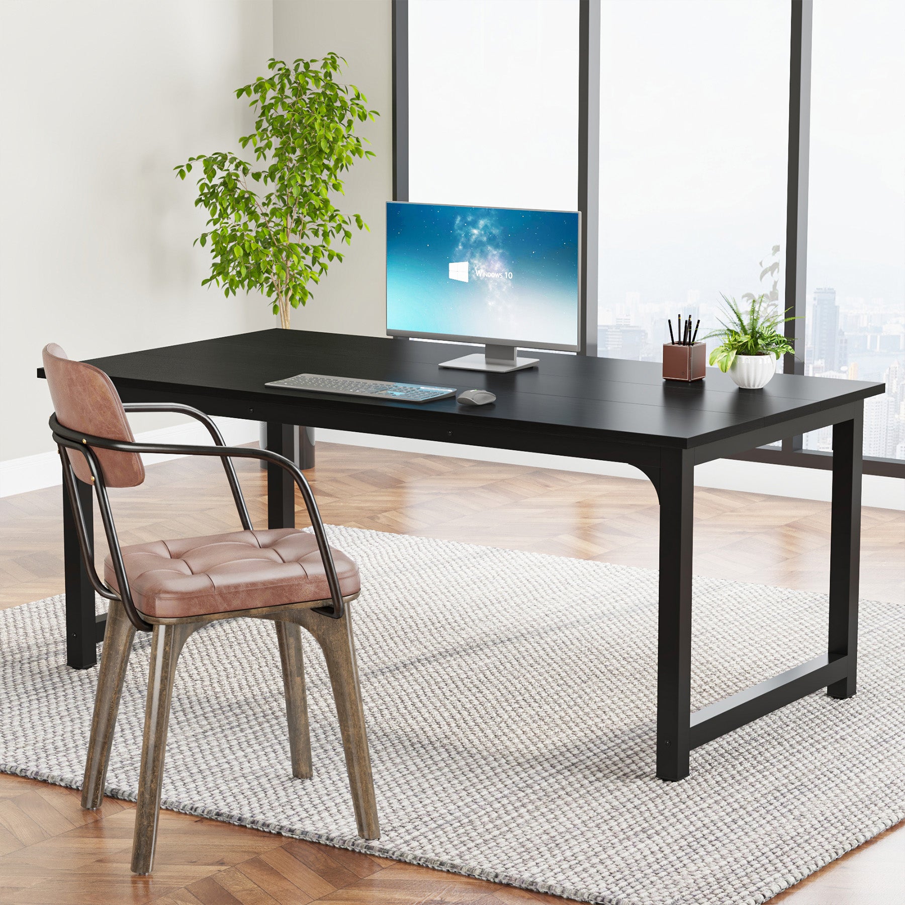 63 x 31.5 Inch Modern Large Desk, Office Writing Workstation in Rustic and Black