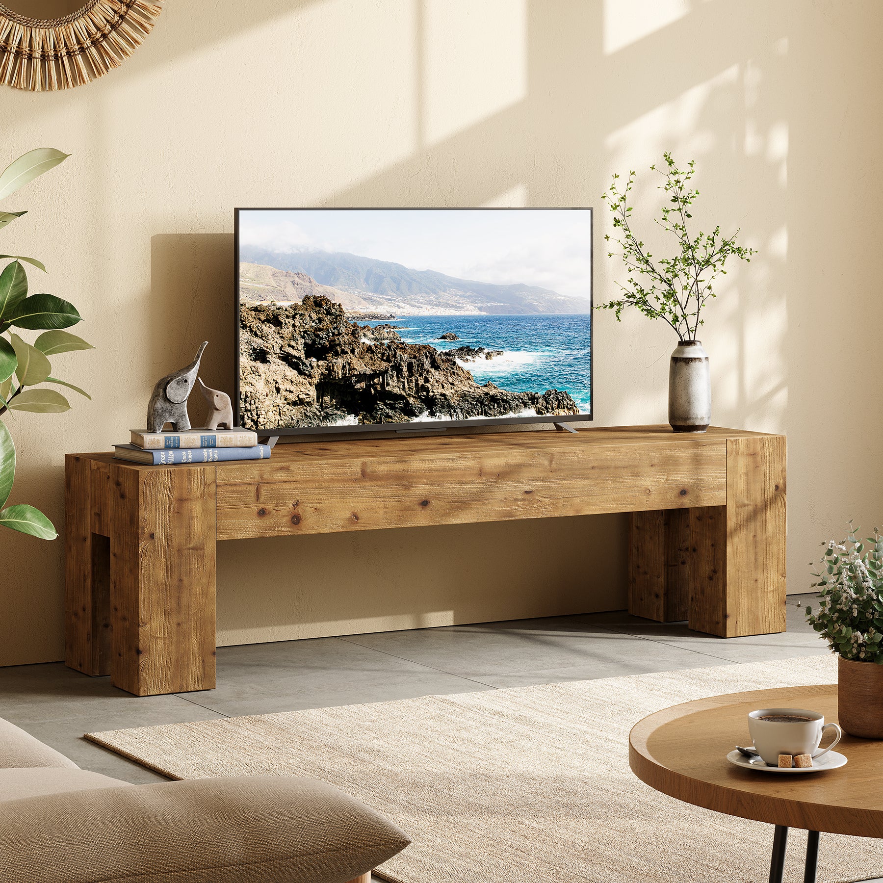 Tribesigns 63-Inch Solid Wood TV Stand for TVs up to 70 Inches, Rustic Farmhouse Media Console for Living Room and Bedroom