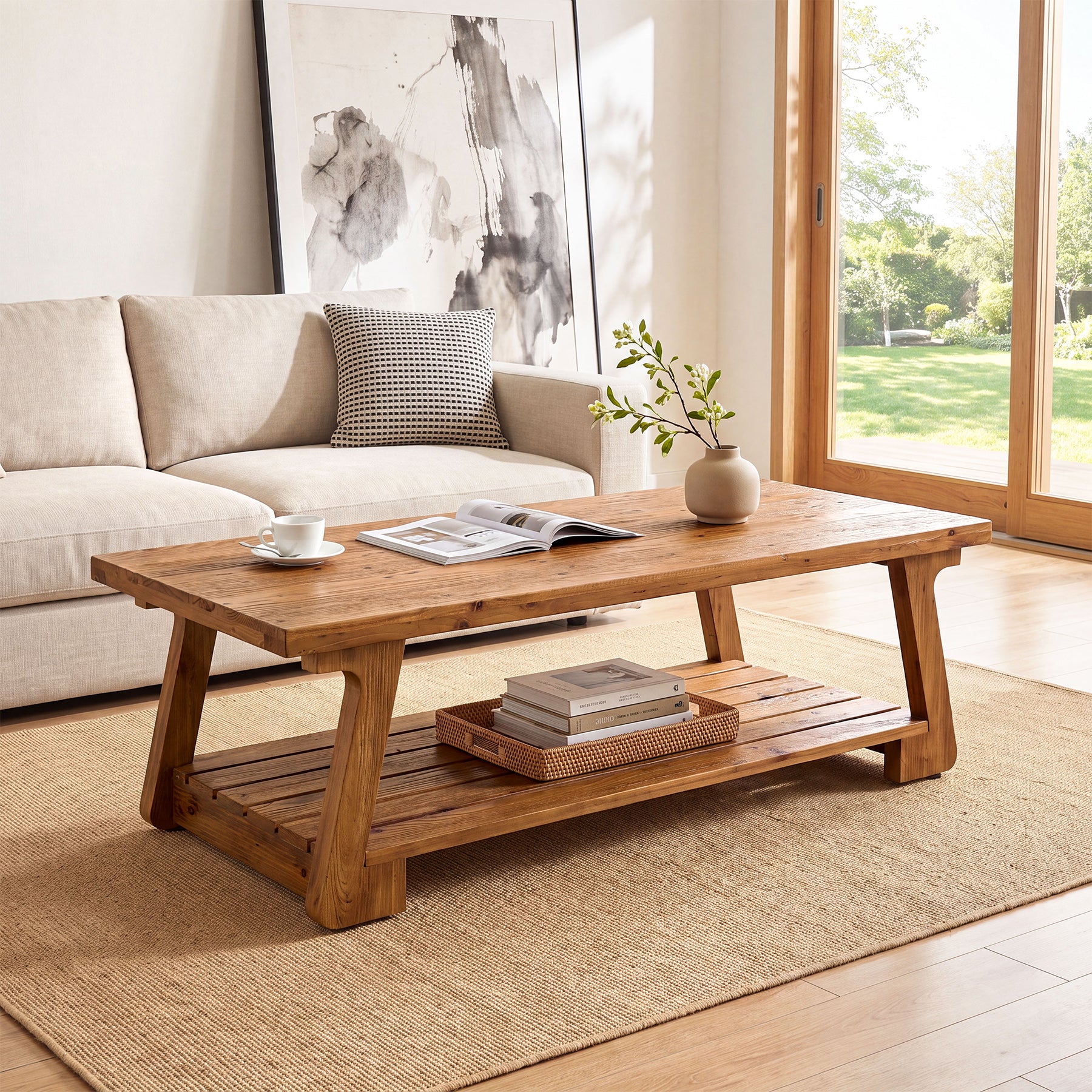 Tribesigns 55-Inch Solid Wood Coffee Table, 2-Tier Storage Shelf Farmhouse Table for Living Room