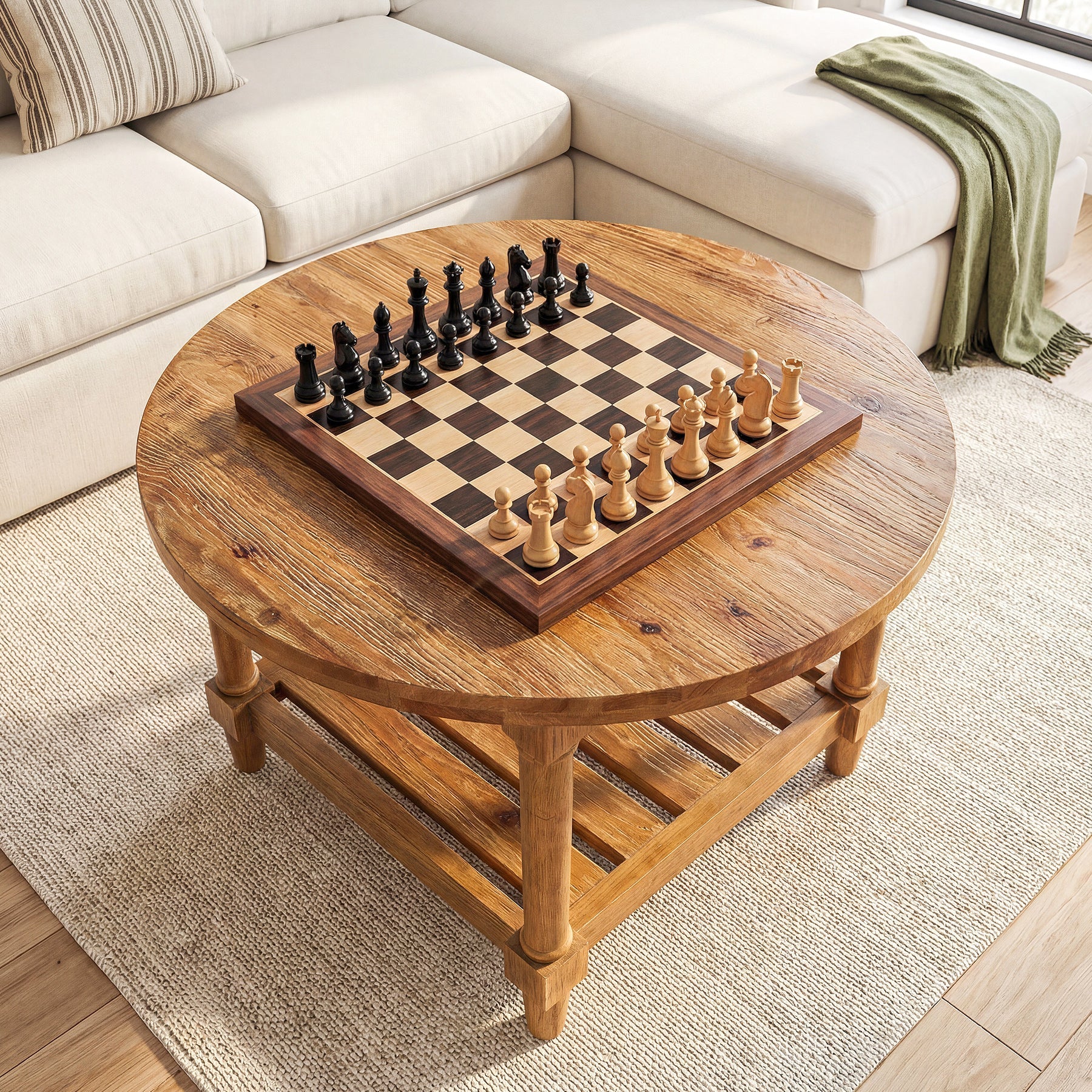 31.5" Round Solid Wood, 2-Tier Coffee Table with Storage