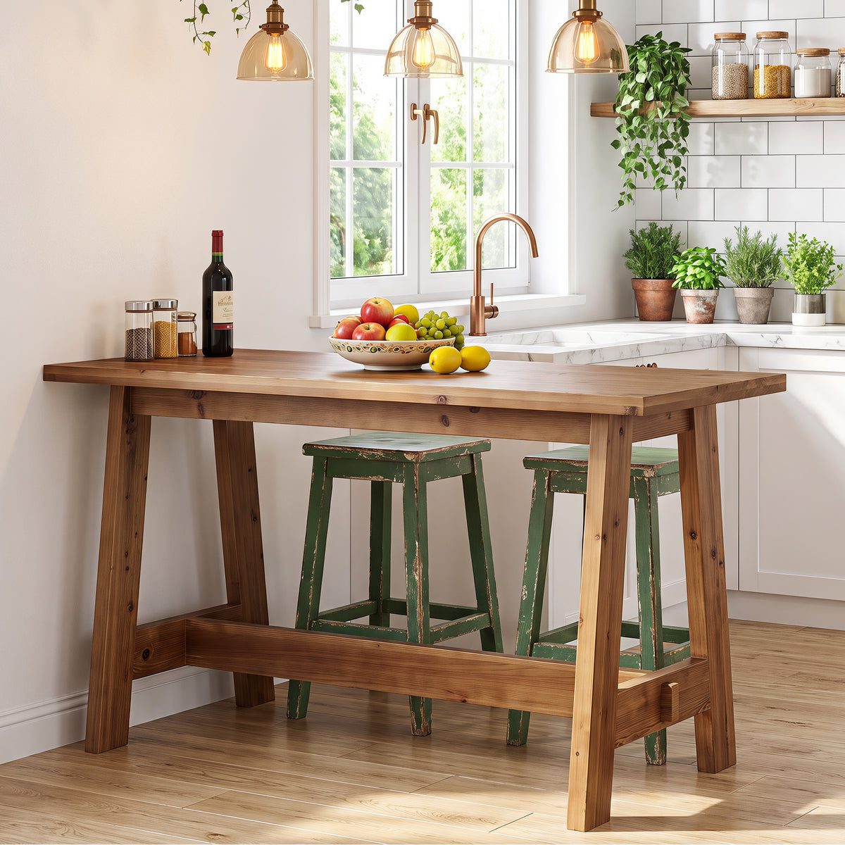 Tribesigns 63" Solid Wood Bar Table with A-Frame Footrest, Farmhouse Pub Table for Kitchen