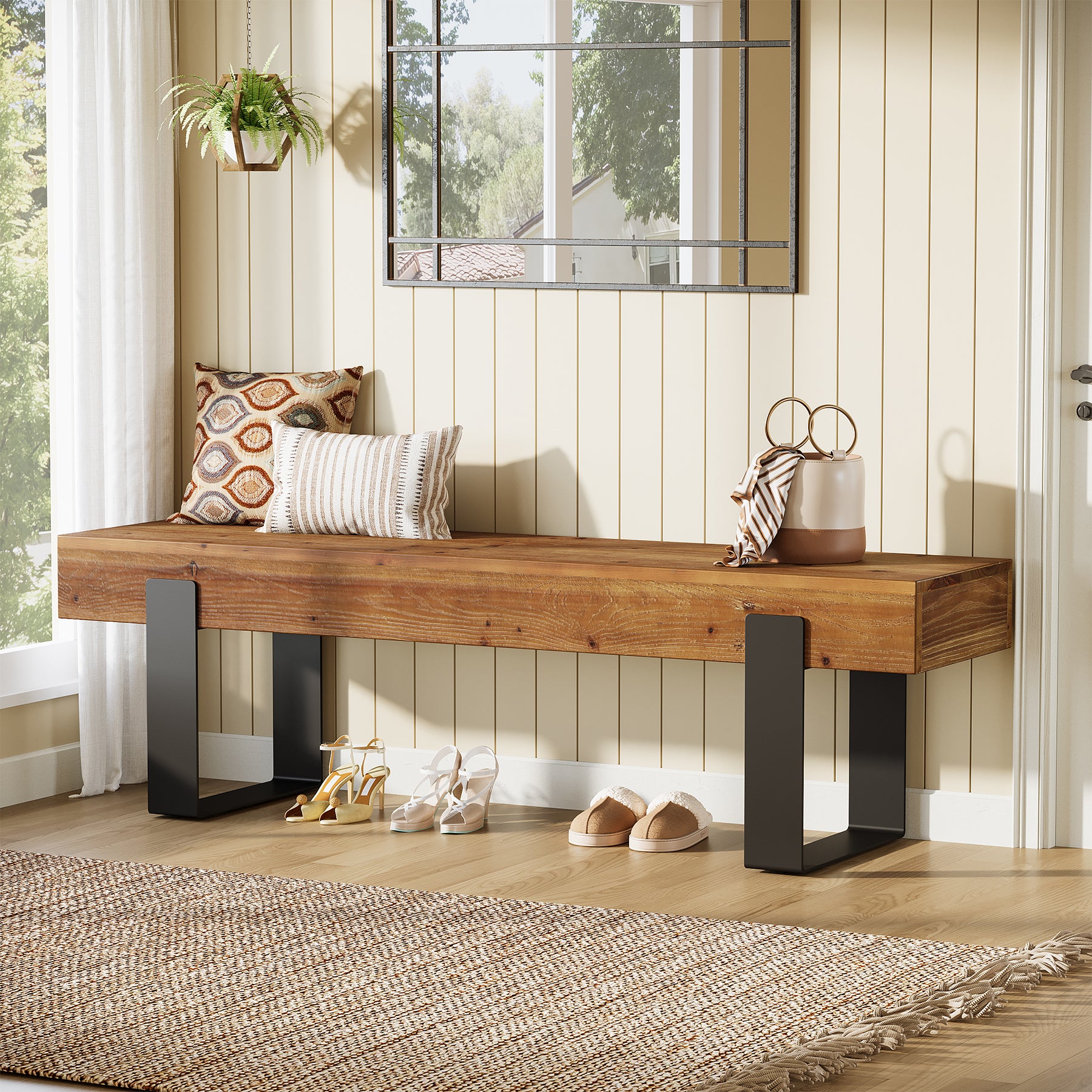 Tribesigns 63-Inch Solid Wood Entryway Bench, Farmhouse Shoe Bench with Metal Legs for Hallway