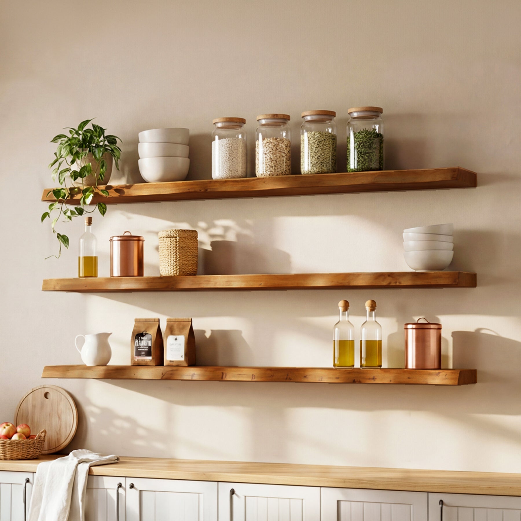 Tribesigns 47.24" Solid Wood Floating Shelves Set of 3 with Live Edge Design, Wall Decor Storage