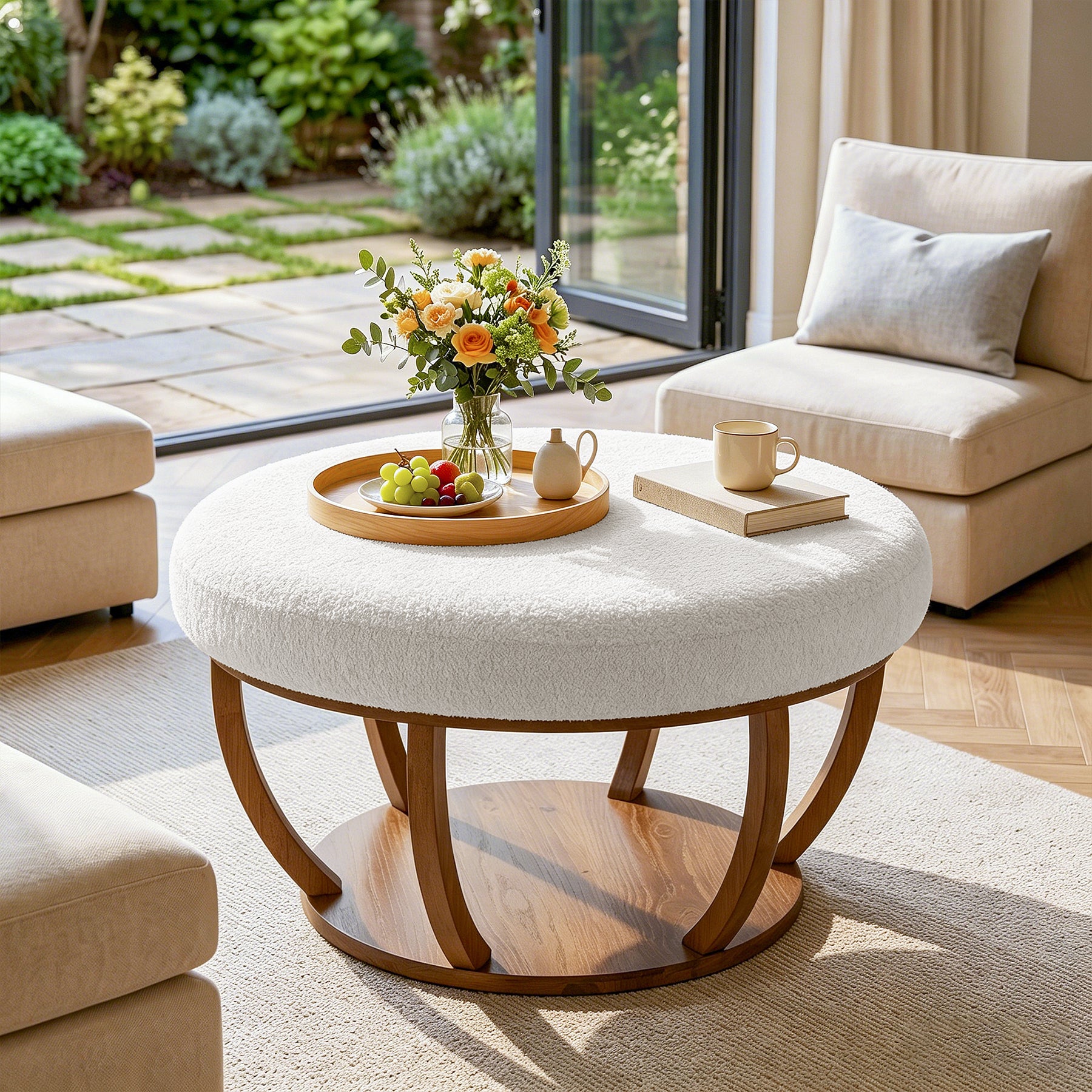 31.5-Inch Round Ottoman Coffee Table, Upholstered Storage Footrest Table