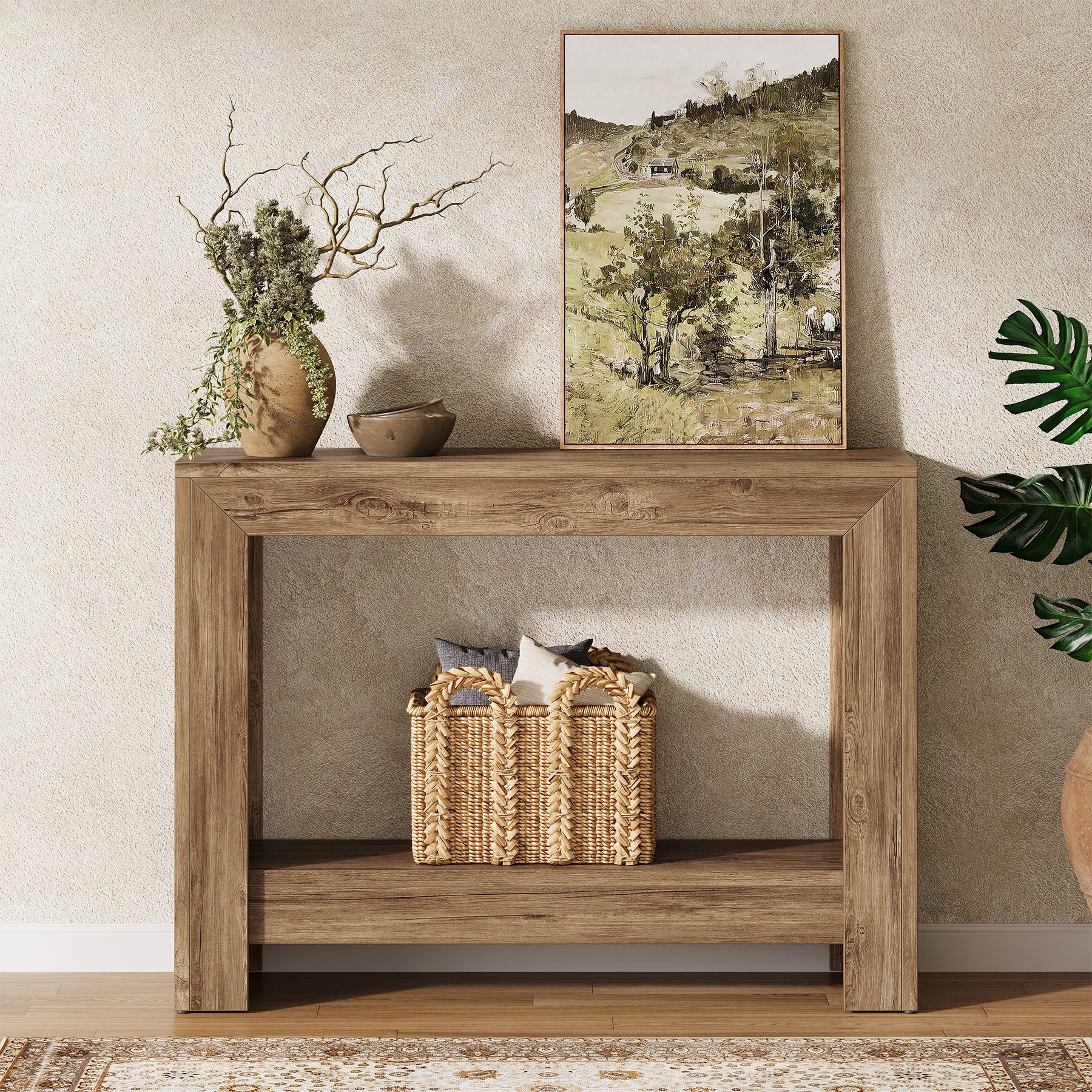 41.3-Inch Rustic Wood Console Table with Open Storage Shelves for Hallway