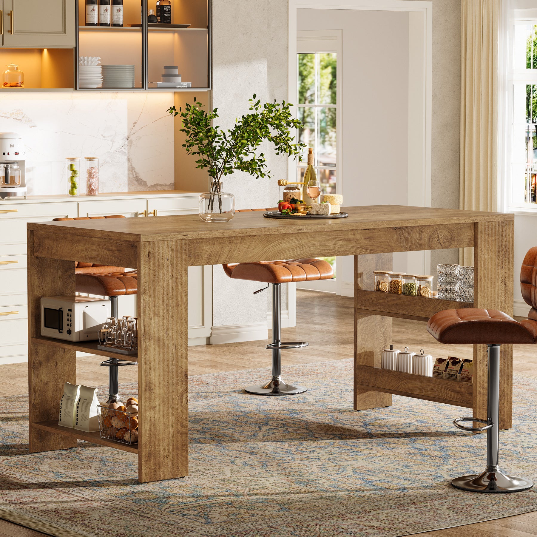 Tribesigns 63 Inch Farmhouse Kitchen Island with Double-Sided Storage Shelves