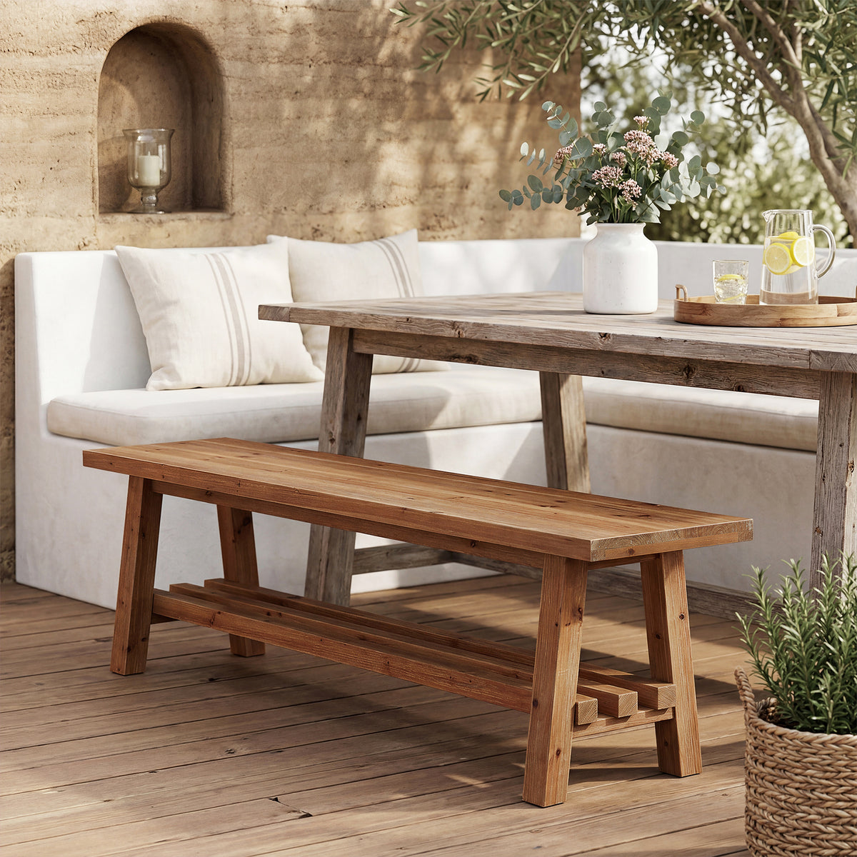 Tribesigns 55.1-Inch Solid Wood Dining Bench, Narrow Farmhouse Bench with Slatted Storage Shelf