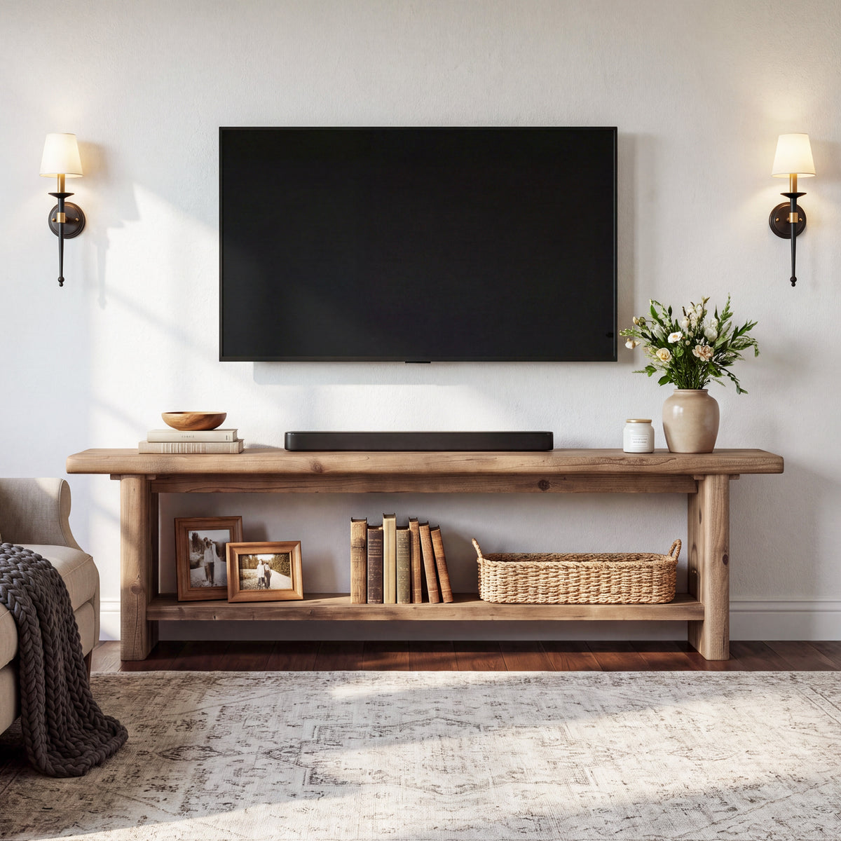 Tribesigns 71 Inch Solid Wood TV Stand with 2-Tier Storage and Farmhouse Design, Media Console for 55-85 Inch TVs