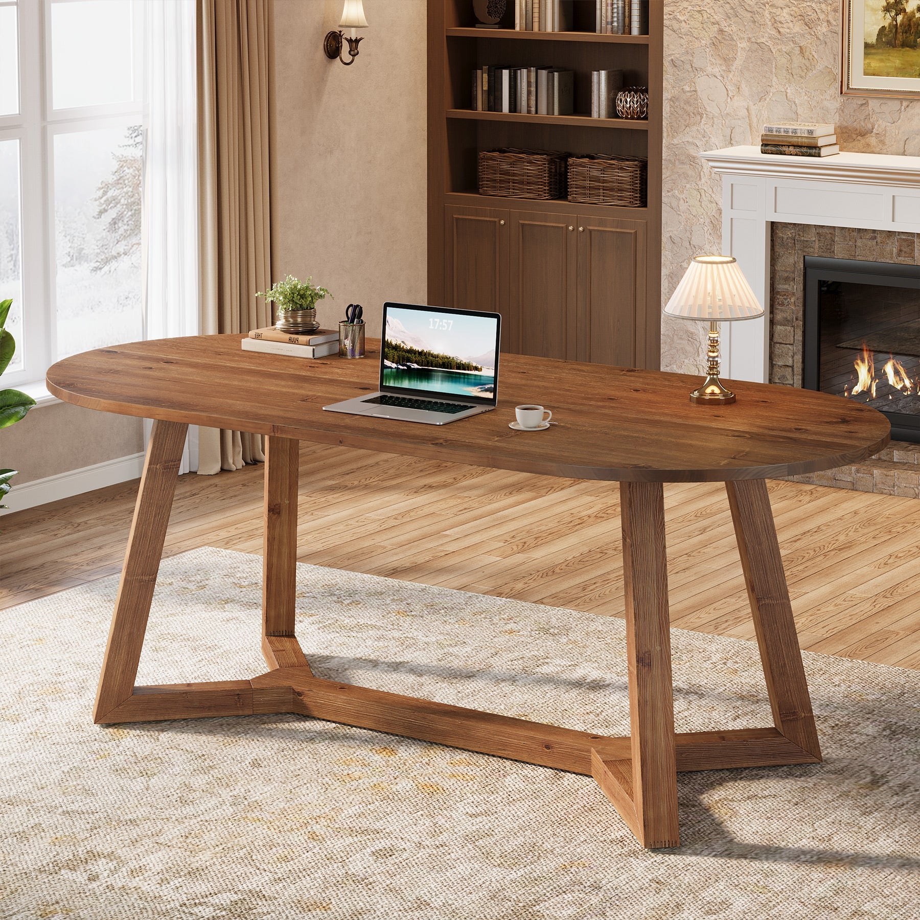 63" Solid Wood Office Desk, Oval Executive Desk with Tapered Legs