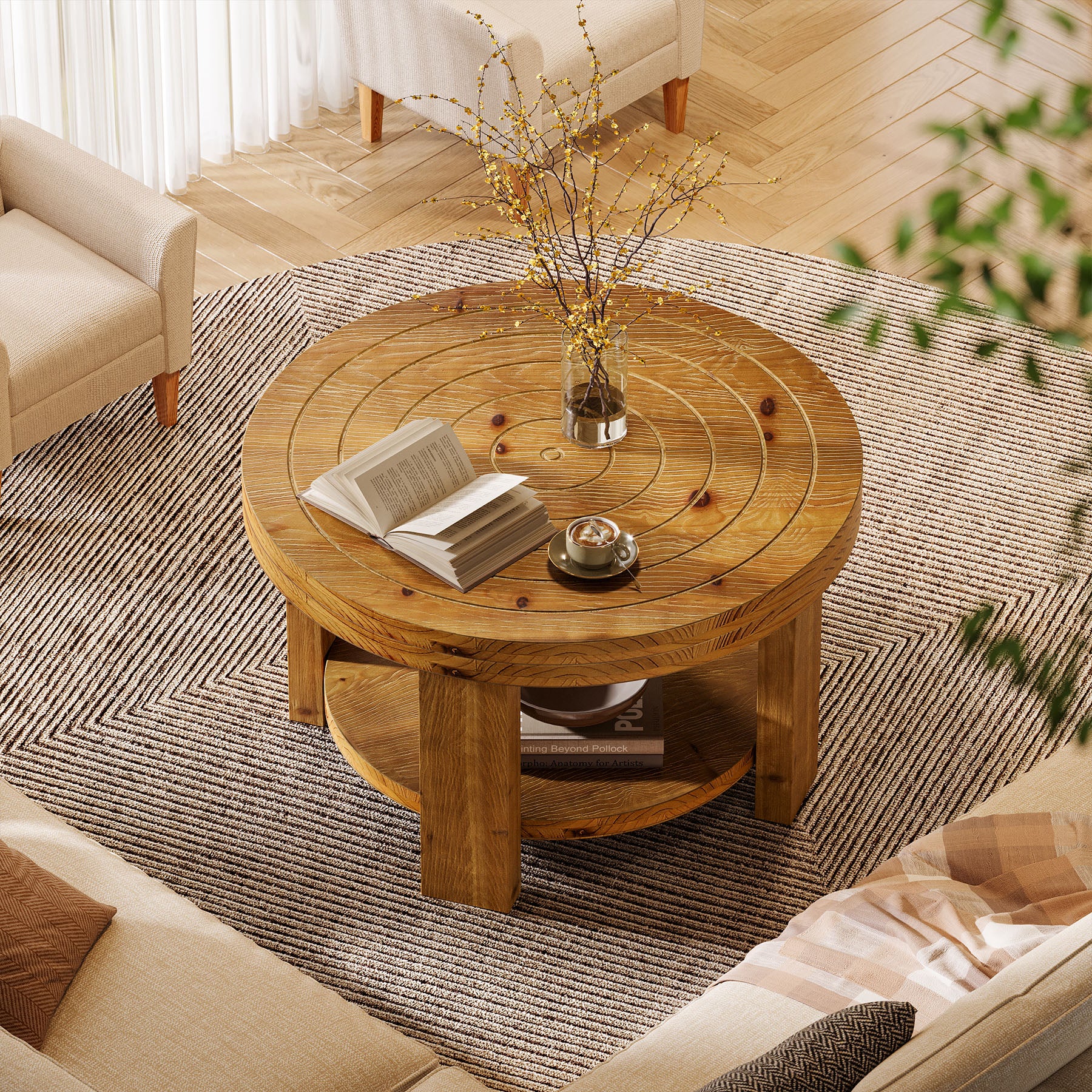 31.5-Inch Round Coffee Table, Farmhouse Solid Wood 2-Tier Storage Accent Table with Boho Design