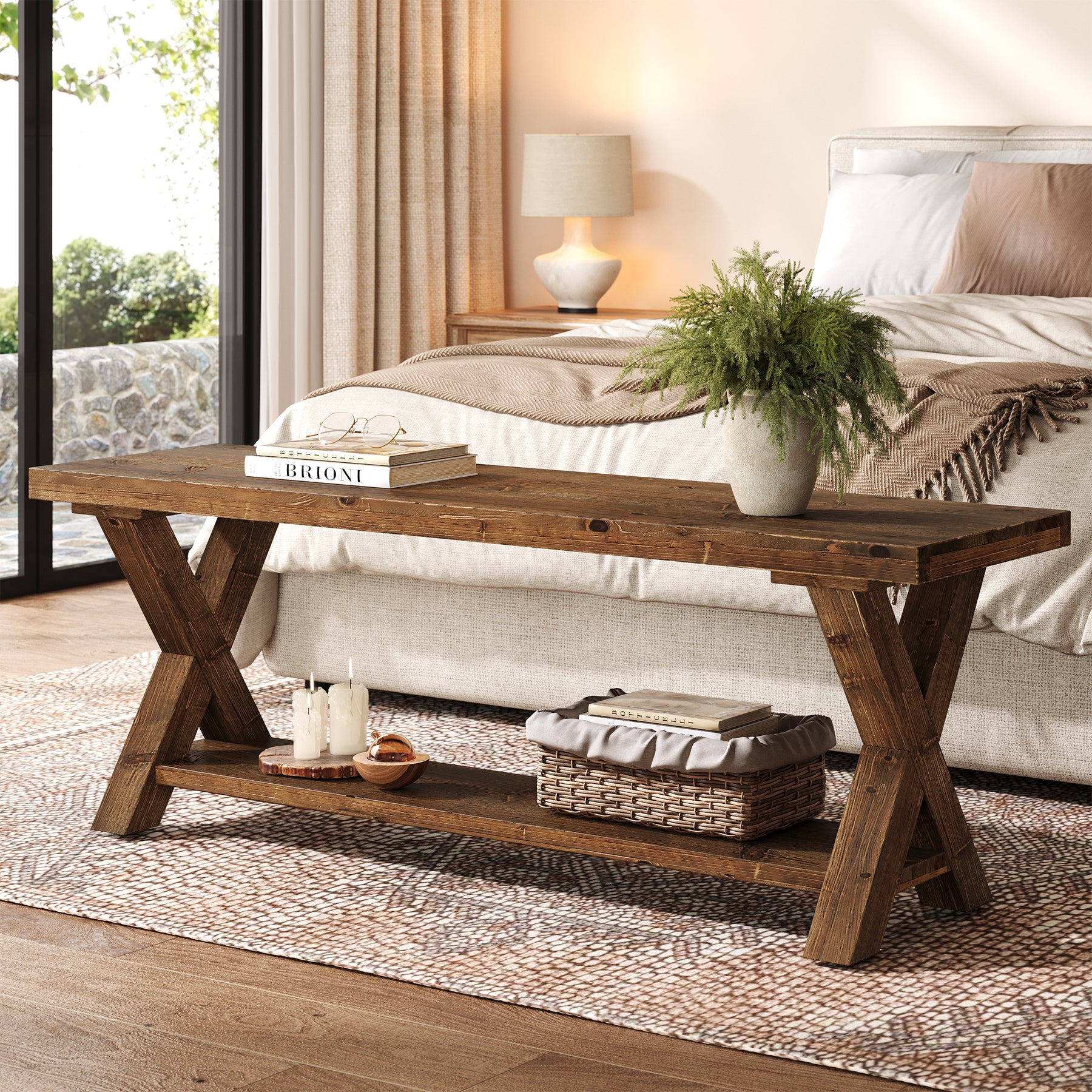 Tribesigns 43.3-Inch Solid Wood Entryway Bench with Storage Shelf and X-Shaped Legs, Farmhouse Shoe Bench for Hallway and Living Room