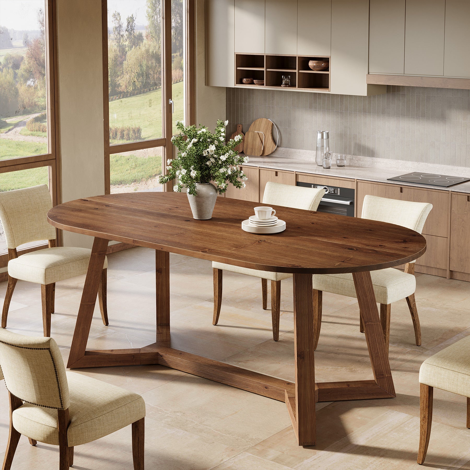 63" Oval Solid Wood Dining Table for 4-6, Farmhouse Kitchen Table with Sturdy Tapered Legs