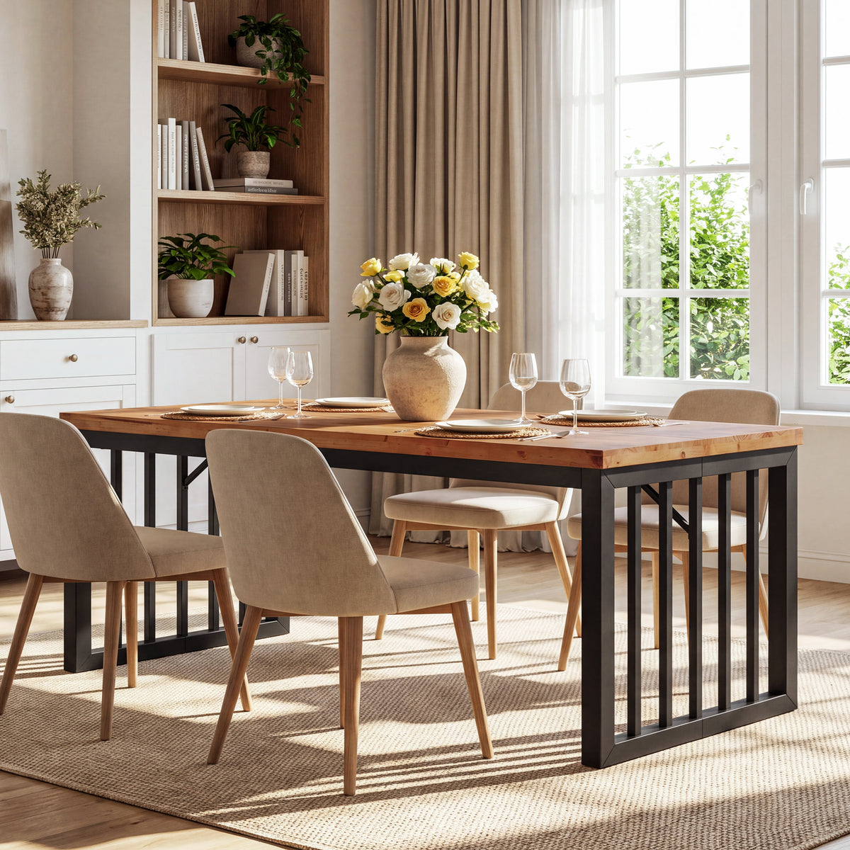 63 Inch Solid Wood Dining Table for 4-6, Farmhouse Kitchen Table with Reinforced Metal Frame