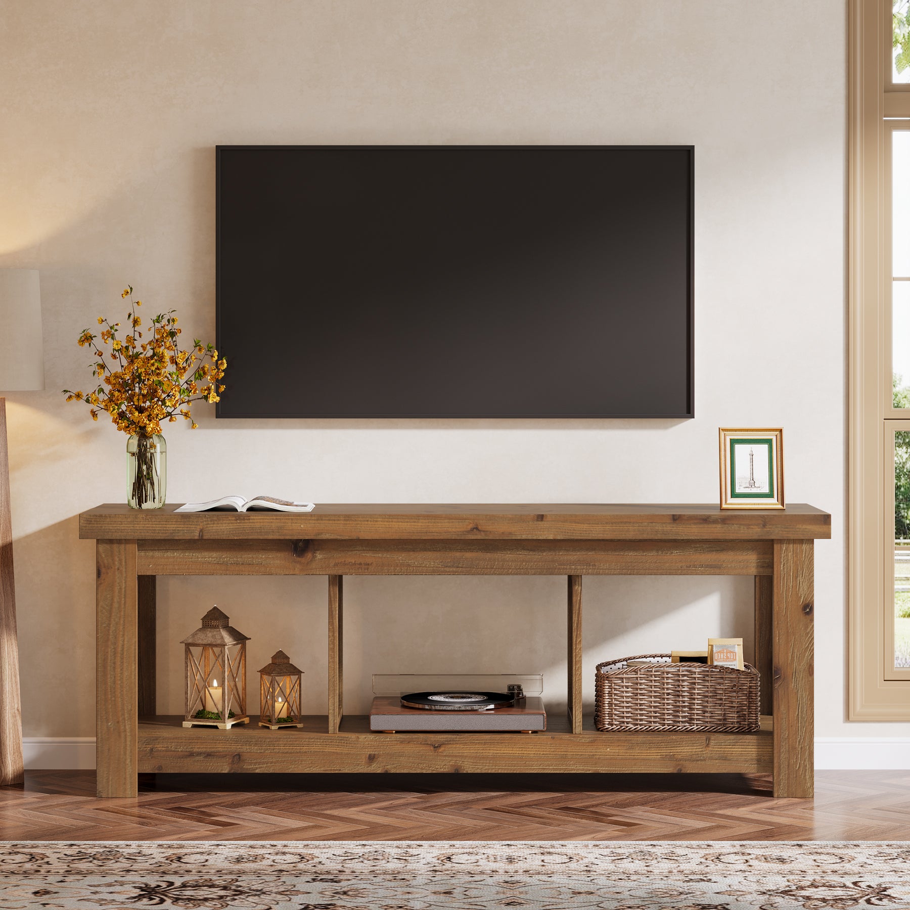 Tribesigns 63-Inch Solid Wood TV Stand with 3 Open Storage Shelves, Farmhouse Entertainment Center for TVs up to 75 Inches