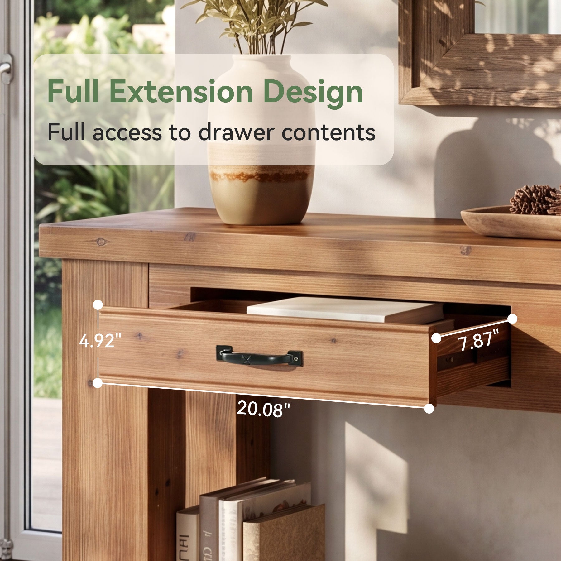 63-Inch Farmhouse Console Table with Solid Fir Wood Frame and 2 Drawers, Long Entryway Sofa Table with Slatted Shelf