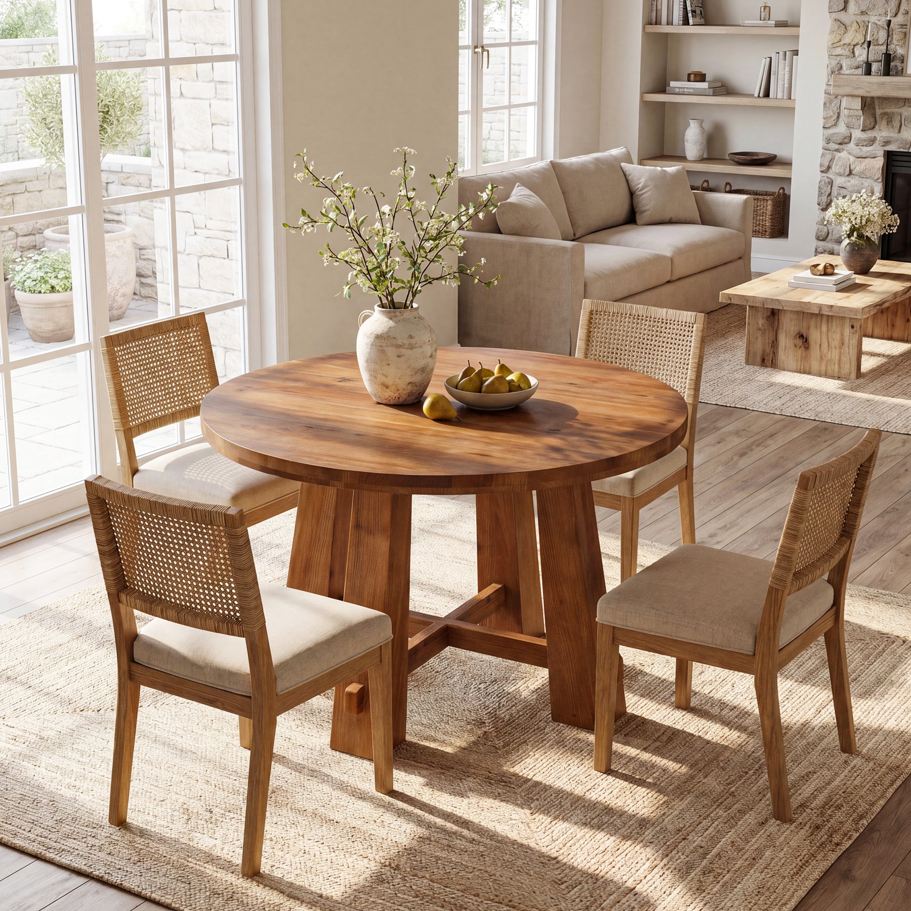 39.4 Inch Solid Wood Round Dining Table with Cross Base, Farmhouse Kitchen Table for 2-4