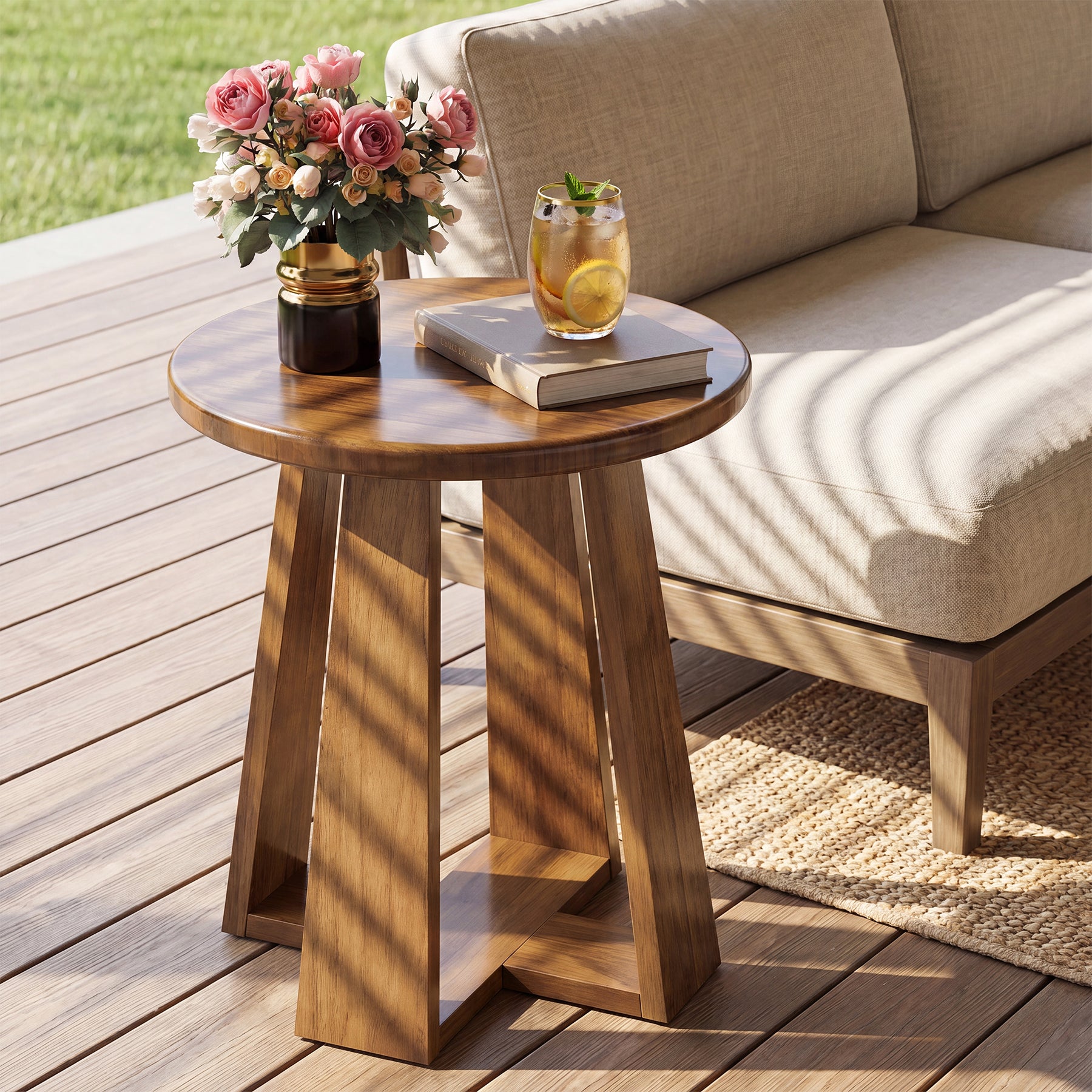 19.69 Inch Solid Wood Round End Table with Geometric Legs, Side Table for Living Room