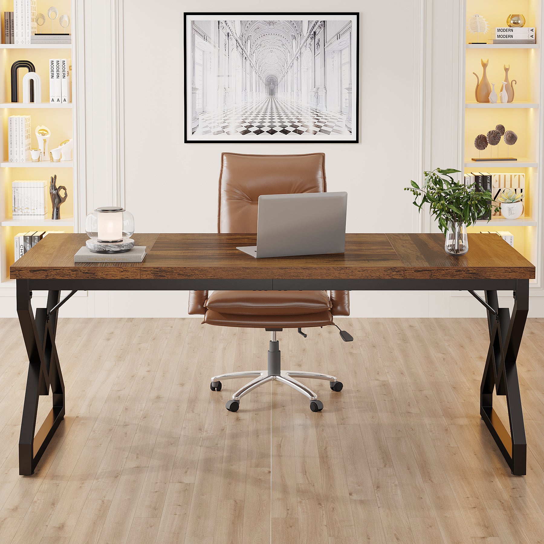 Tribesigns 63-Inch Large Office Desk, Industrial Computer Executive Desk with Extra Thick Wood-Look Top and Metal Frame for Home Office