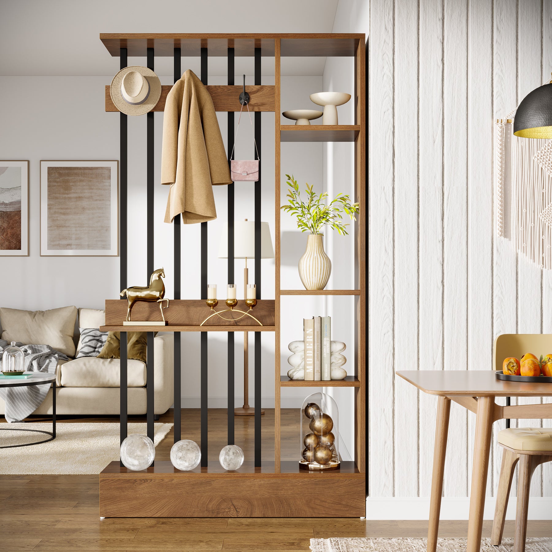 70.9 Inch Room Divider, Freestanding Bookshelf Partition with Shelves and Coat Hooks