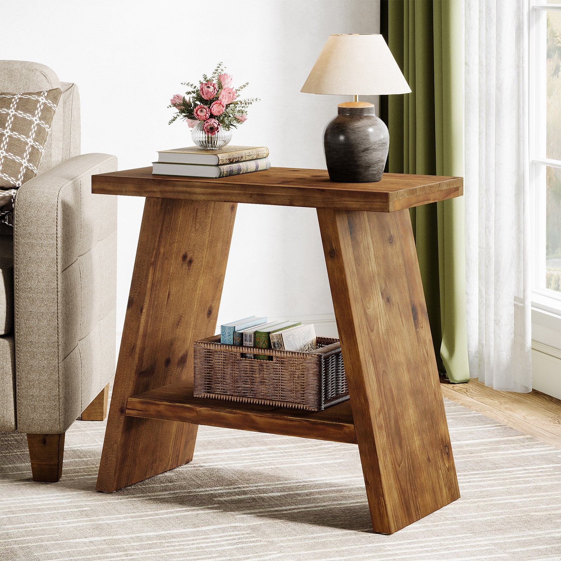 Tribesigns 23.62" Solid Wood End Table, 2-Tier Nightstand for Living Room and Bedroom