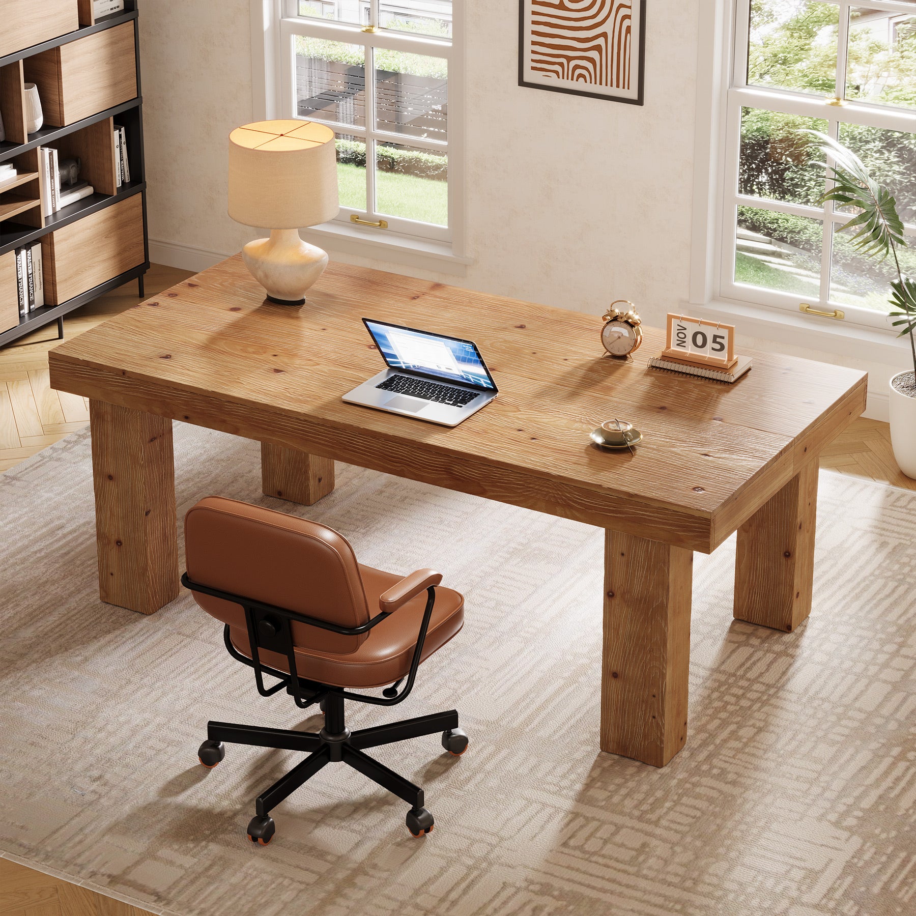 63-Inch Solid Wood Executive Desk with 3.74-Inch Thick Desktop and 350 lb Capacity, Farmhouse Computer Desk for Home Office Study and Business Workstation