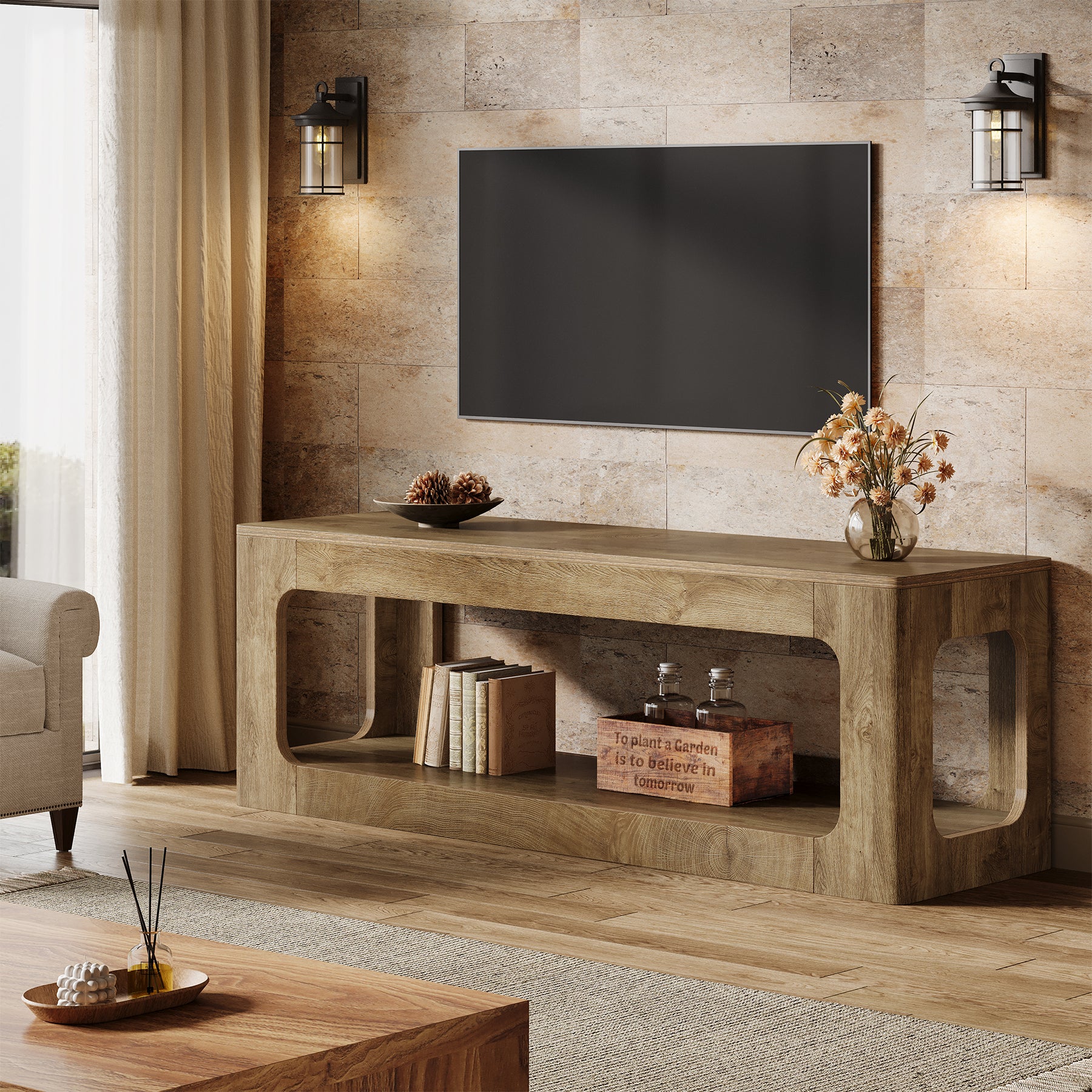 Tribesigns 63-Inch Farmhouse TV Stand with Circle Cutouts, 2-Tier Media Console for Living Room