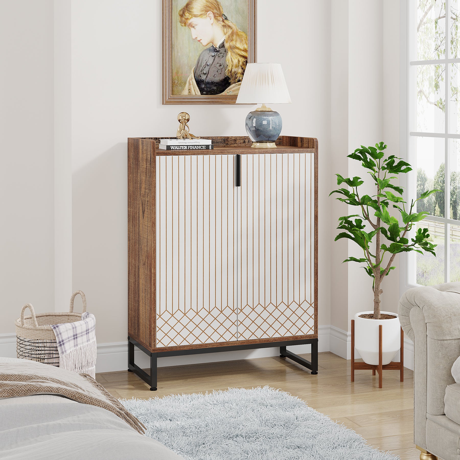 Tribesigns White 5-Tier Freestanding Wood Shoes Cabinet with Gold Metal Frame