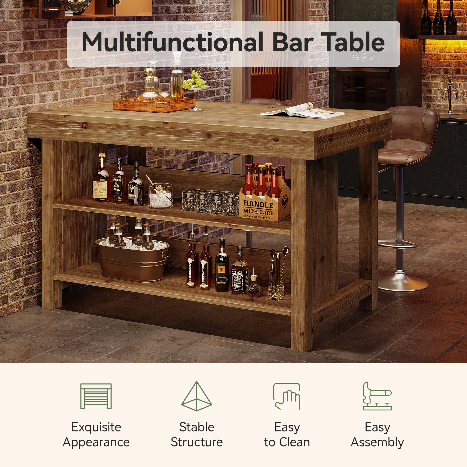 Tribesigns 55-Inch Solid Wood Bar Table with 3-Tier Open Storage Shelves, Farmhouse Counter Height Pub Table