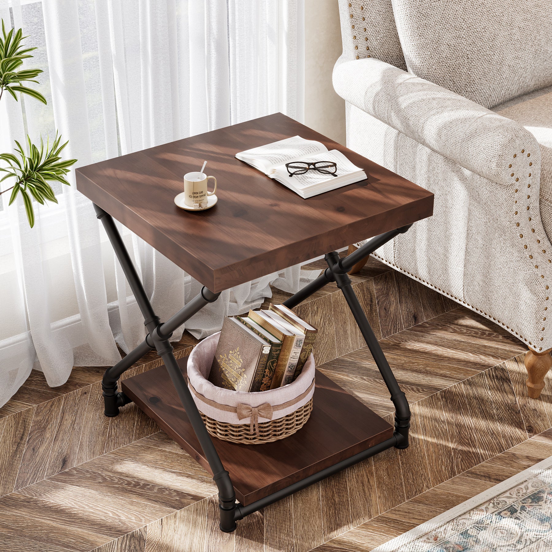 Solid Wood End Table with Storage Shelf and X-Shaped Legs, Small Wood Nightstand