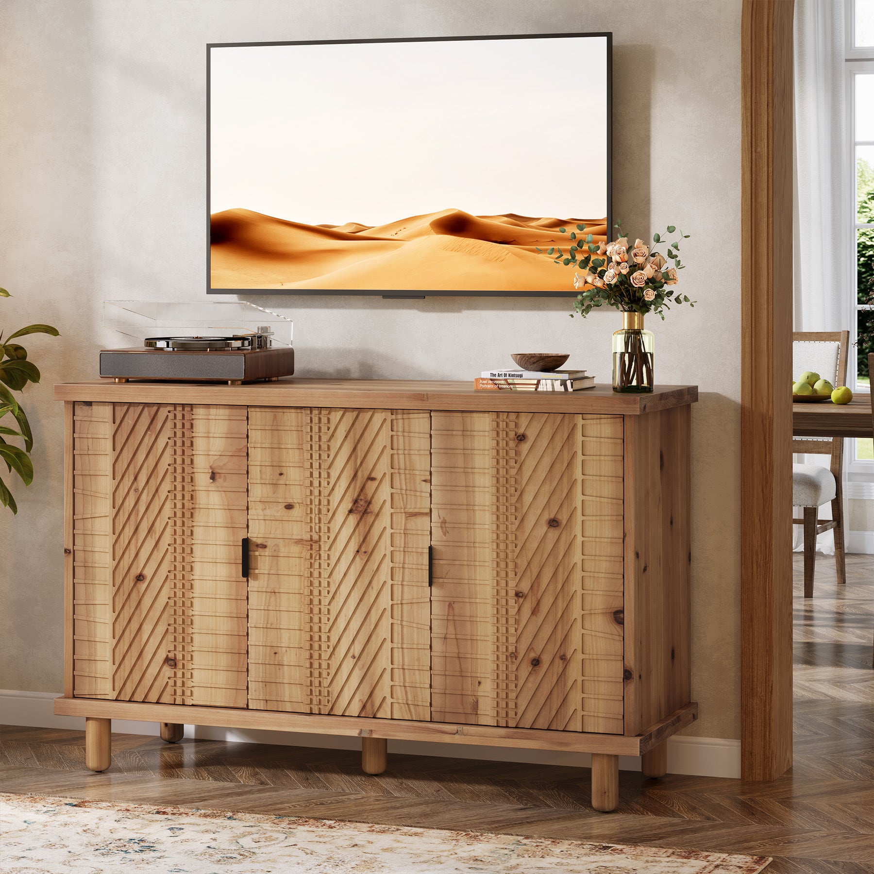 Tribesigns 47.6-Inch Farmhouse Sideboard Cabinet with 3 Doors, Solid Wood Buffet Cabinet for Kitchen