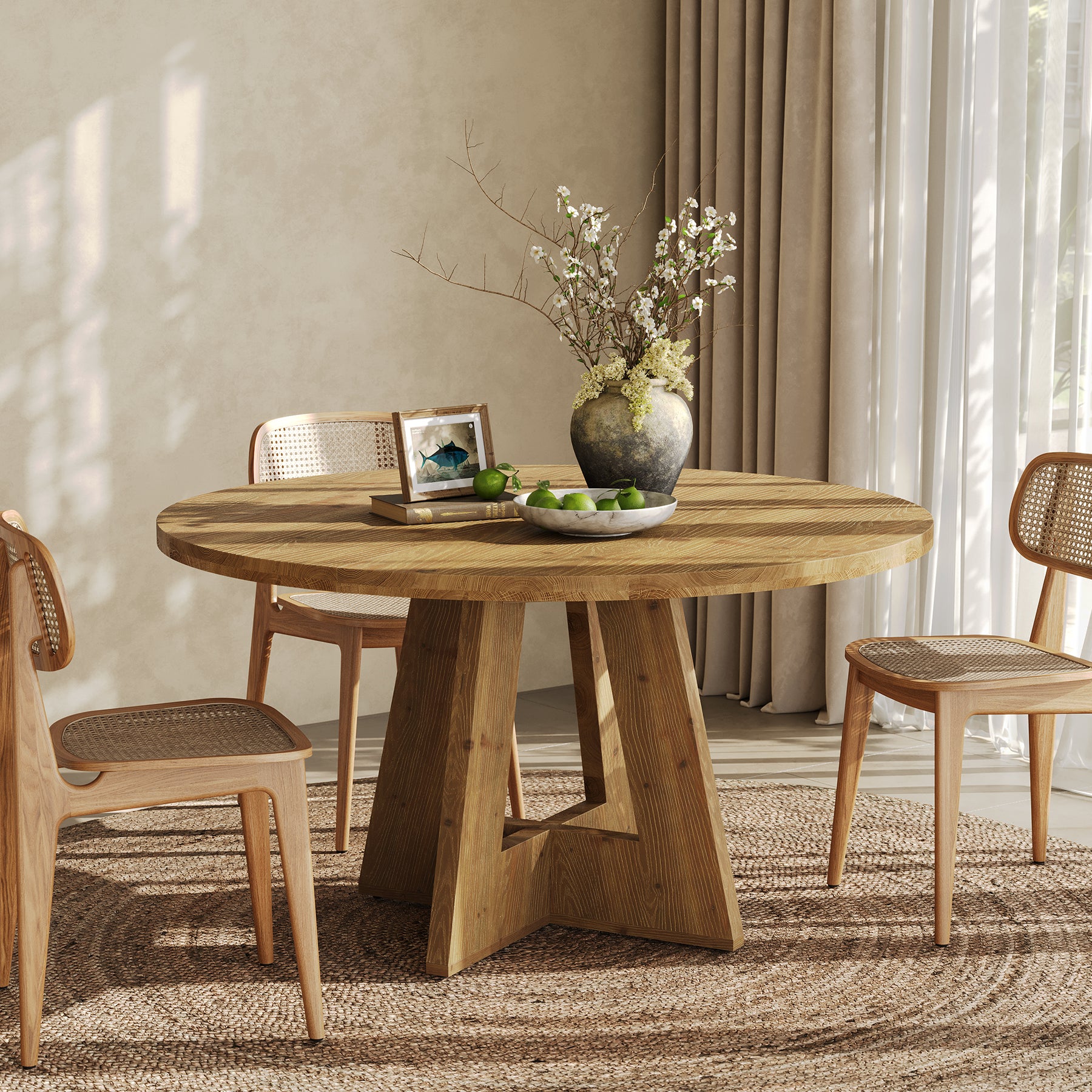 47 Inch Solid Wood Round Dining Table for 4–6, Farmhouse Wooden Kitchen Table for Family Dining