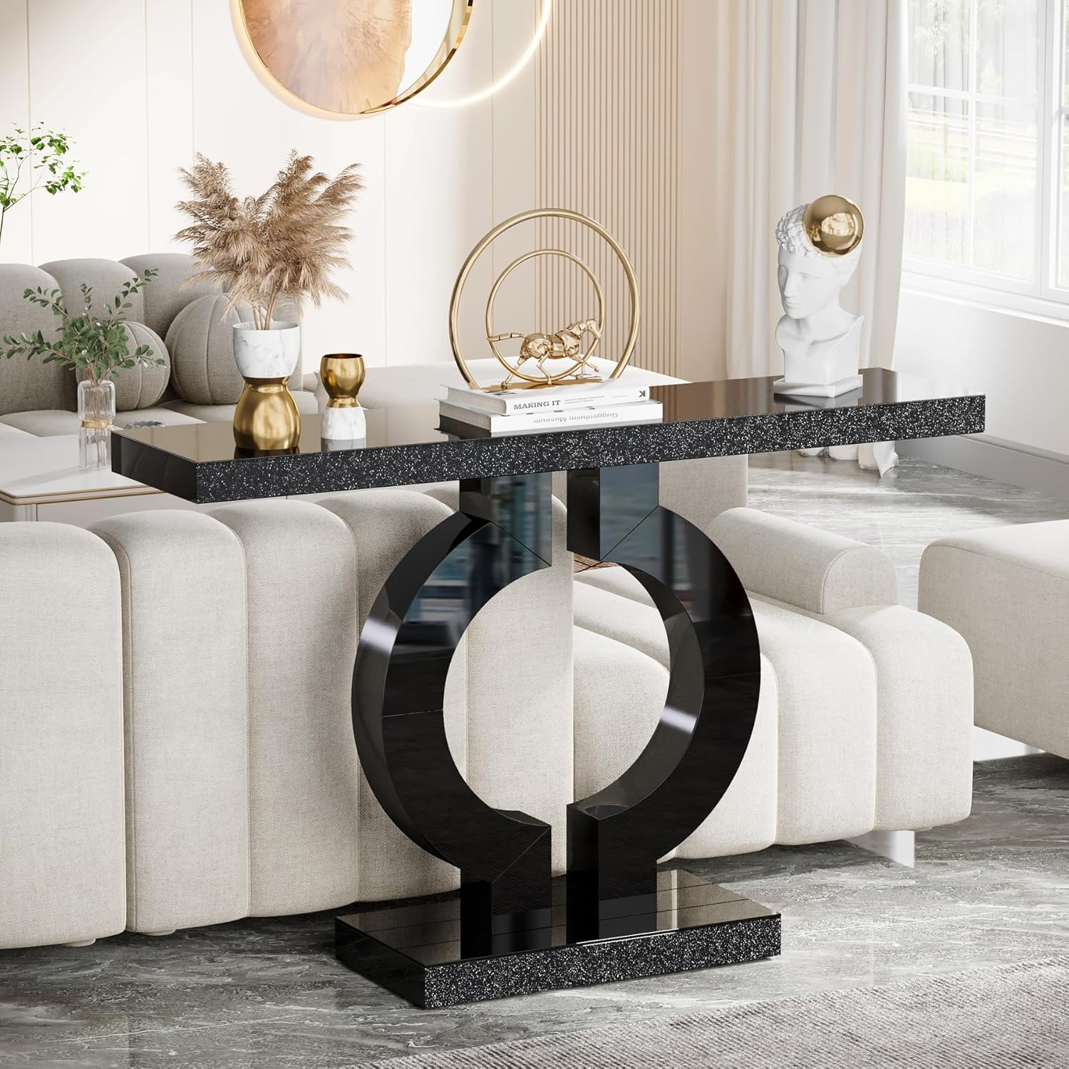 43" Modern Mirrored Console Table - O-Shaped Black Base Narrow Entryway & Sofa Table with Glass Finish