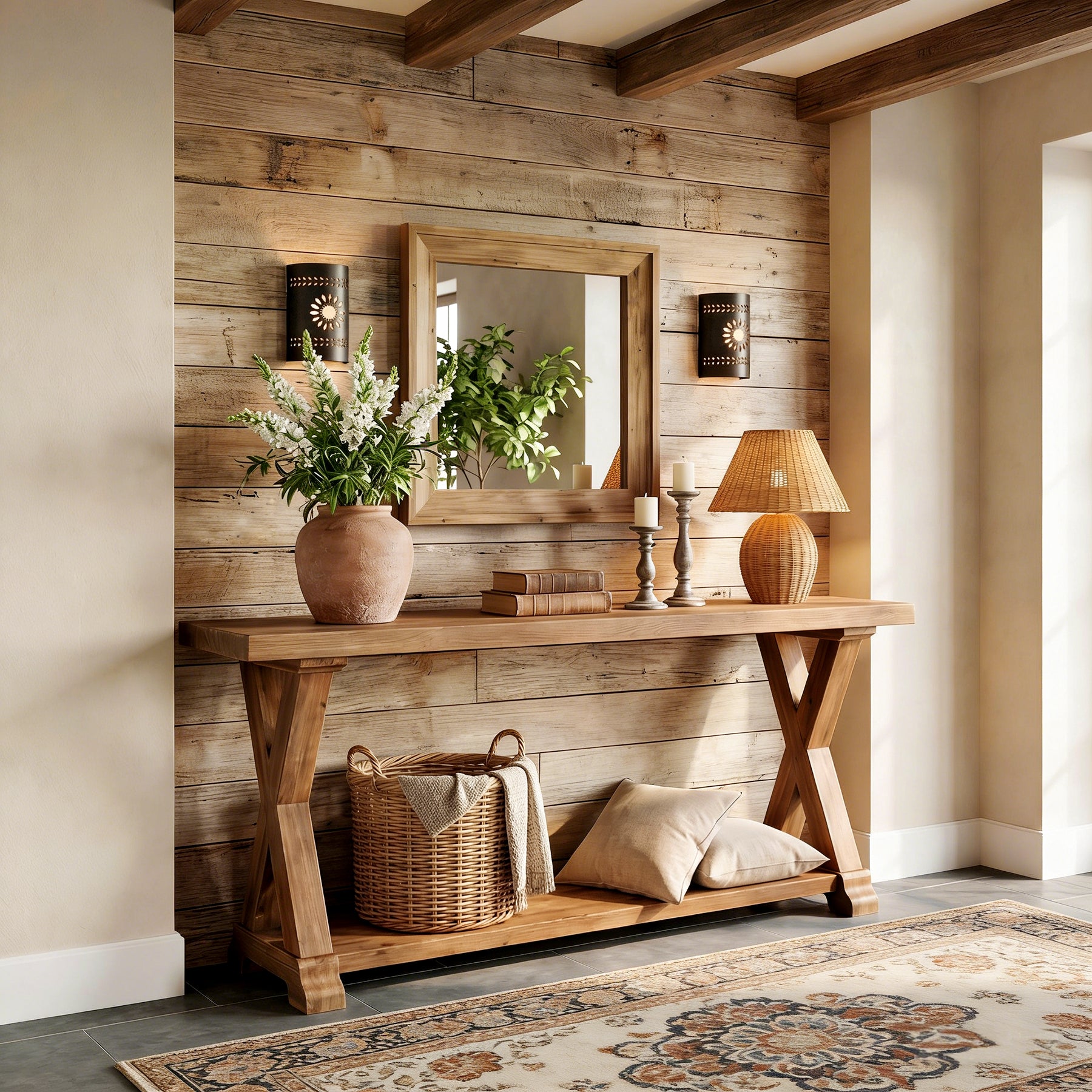 63 Inch Solid Wood Console Table with Storage, 2 Tier Farmhouse Sofa Table
