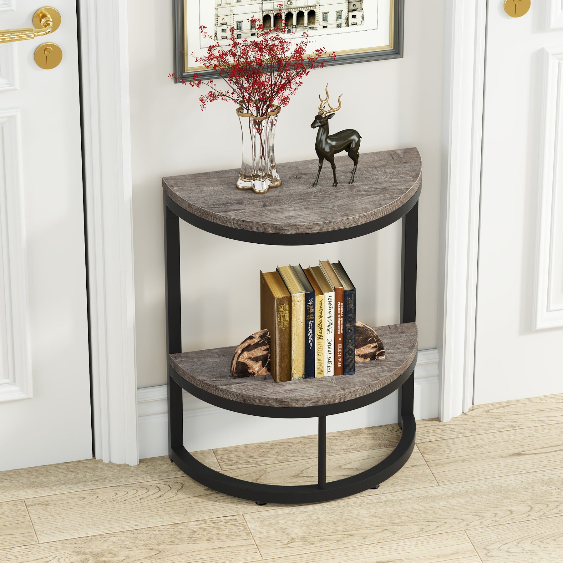 Half Round End Table with Shelf, Farmhouse Narrow Side Table for Sofa Living Room