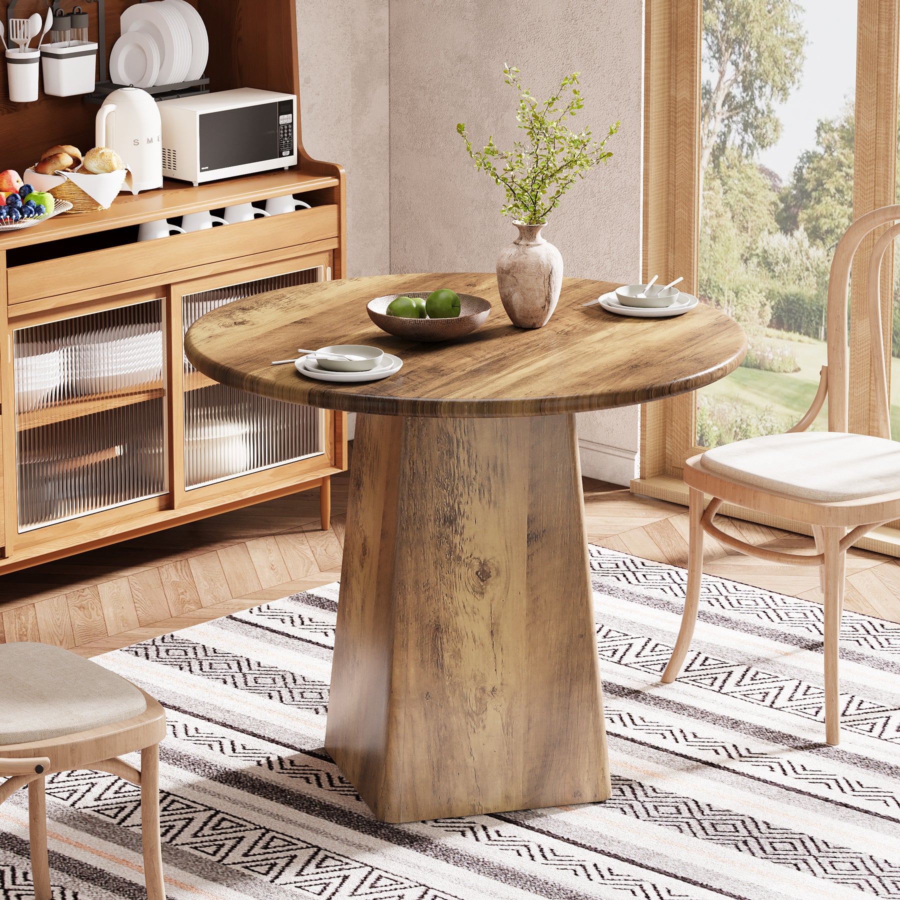 31.5" Dining Table for 4 - Round Farmhouse Kitchen Table with Square Base in Rustic Brown