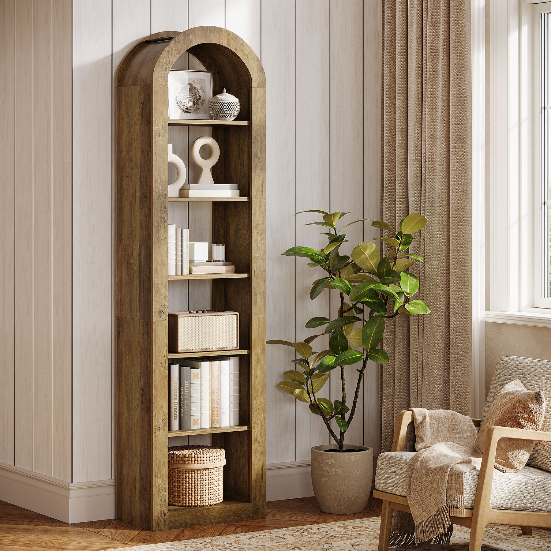 74.8-Inch Tall Arched Bookshelf, 6-Tier Narrow Open Bookcase for Small Spaces