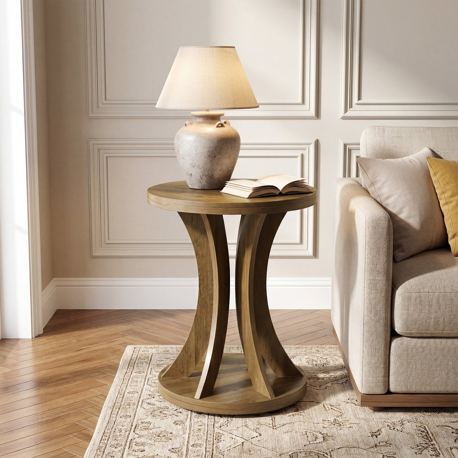 17.72 Inch Round Side Table, Farmhouse End Table with Curved Frame and Storage for Living Room