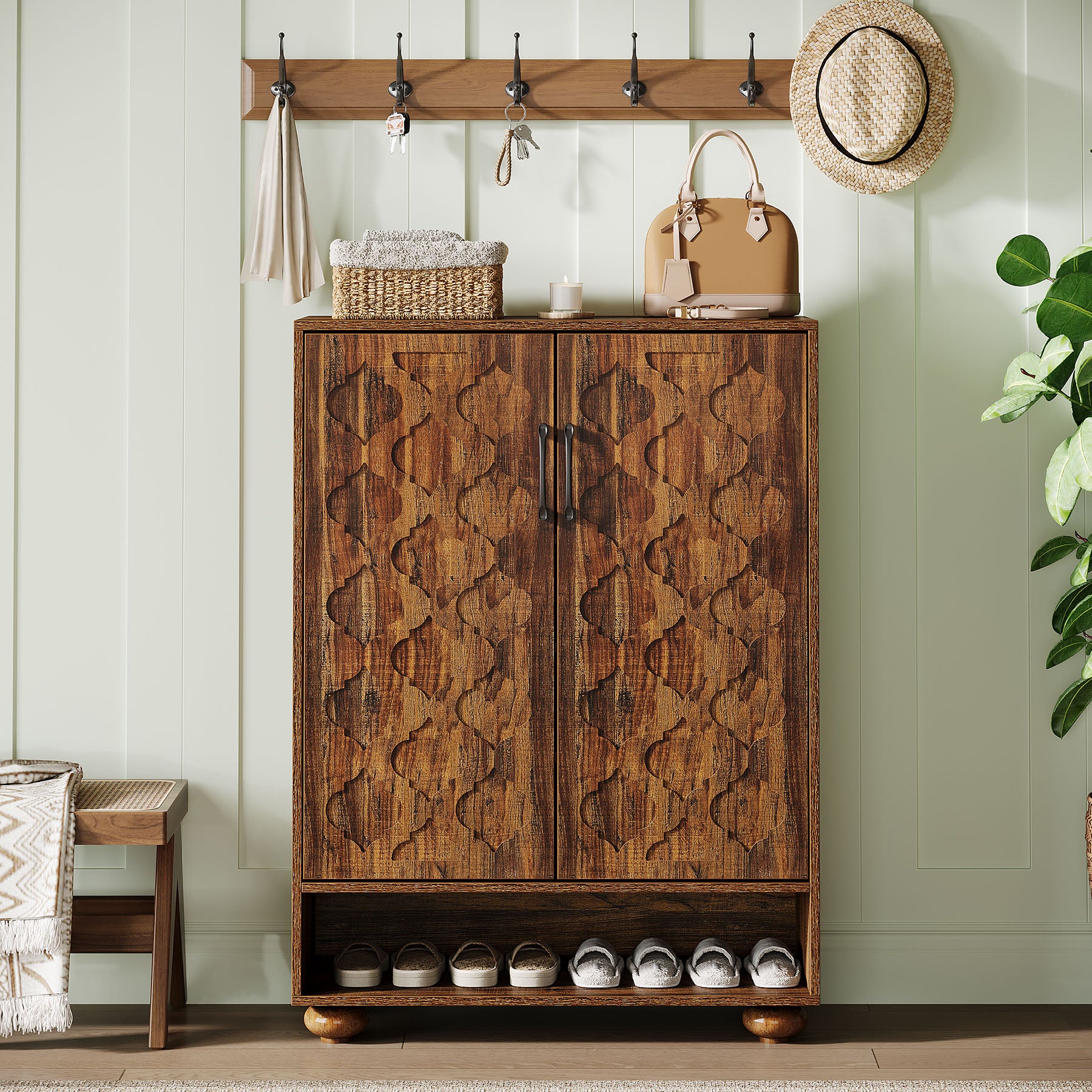 Tribesigns 31.5-Inch Solid Wood Shoe Cabinet for Entryway, Farmhouse Tall Shoe Storage Cabinet with Doors and Adjustable Shelves for Hallway