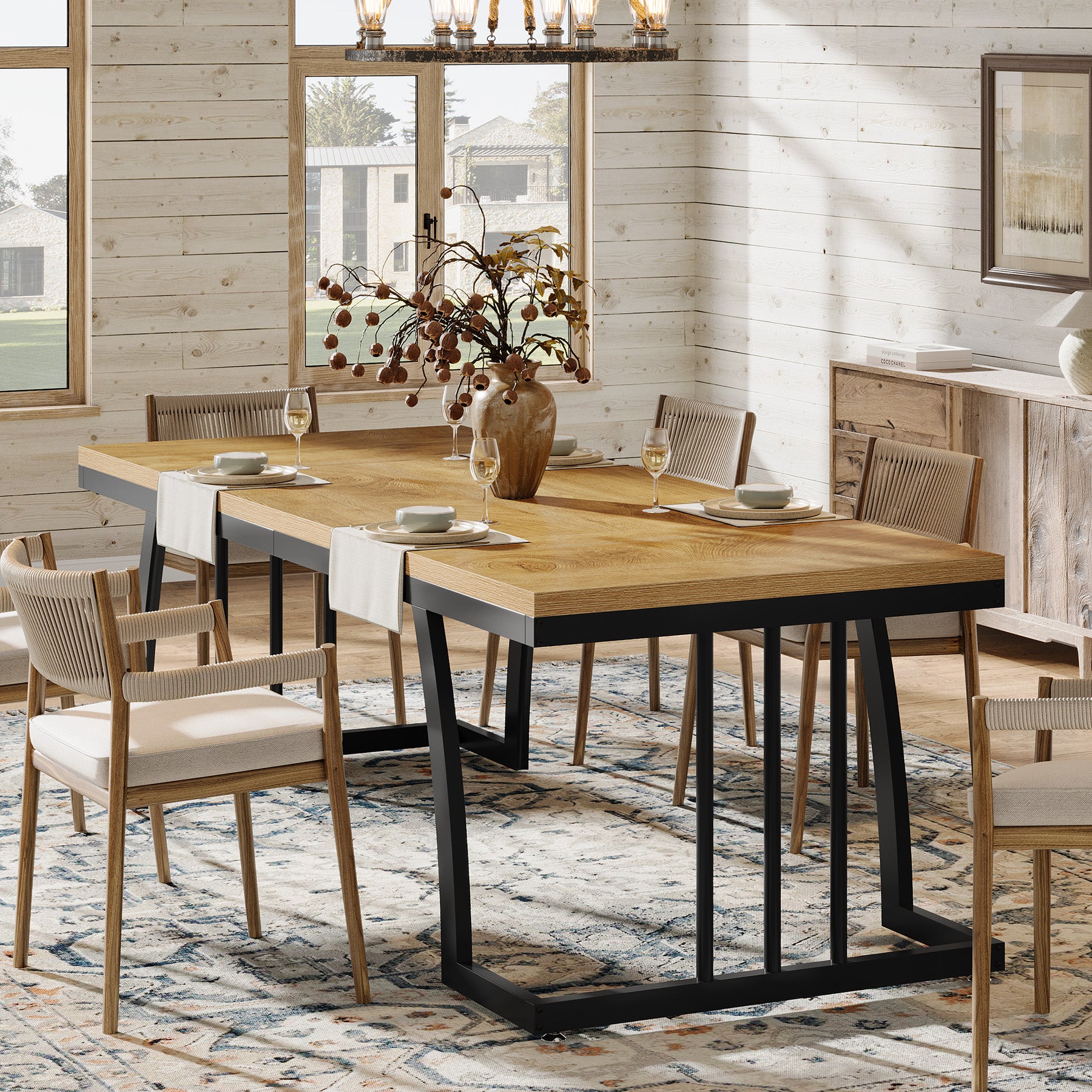6-Seater Rustic Dining Table, 63" Rectangular Wood Table with Metal Frame for Dining Room