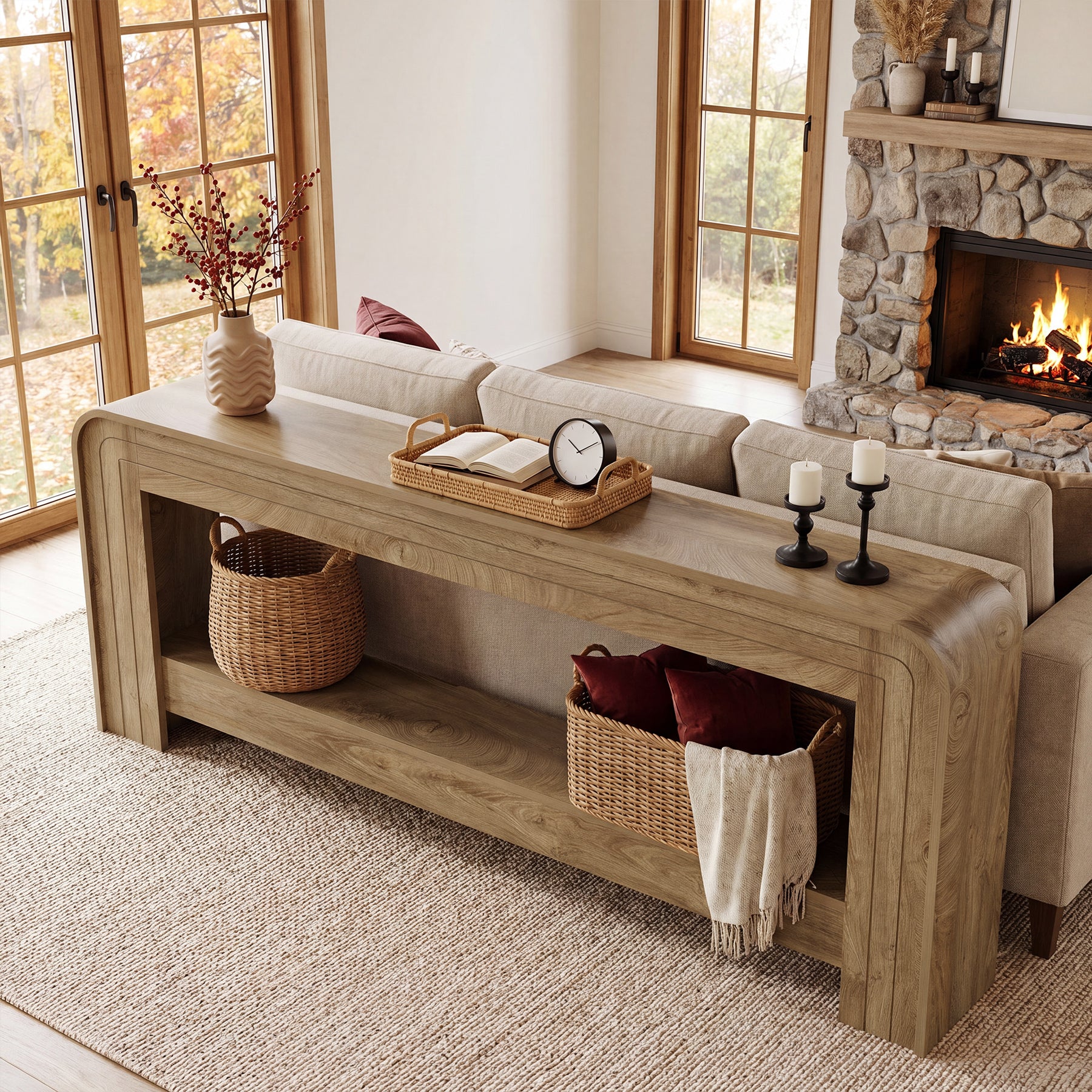 78.74 Inch Farmhouse Console Table with Open Storage Shelf and Curved Edges, Slim Entryway Sofa Table for Hallway