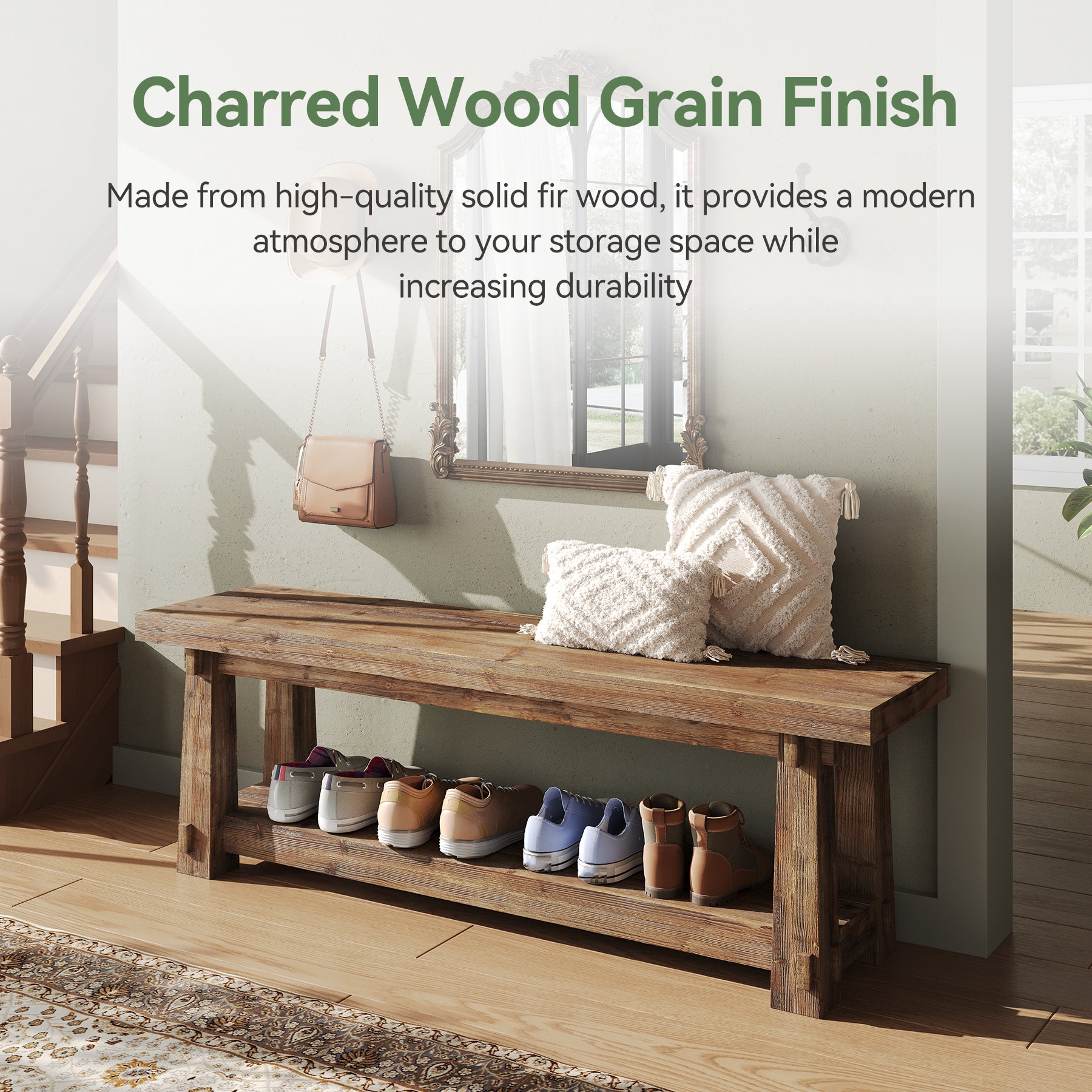Tribesigns 55-Inch Shoe Storage Bench, Solid Wood Entryway Bench for Hallway
