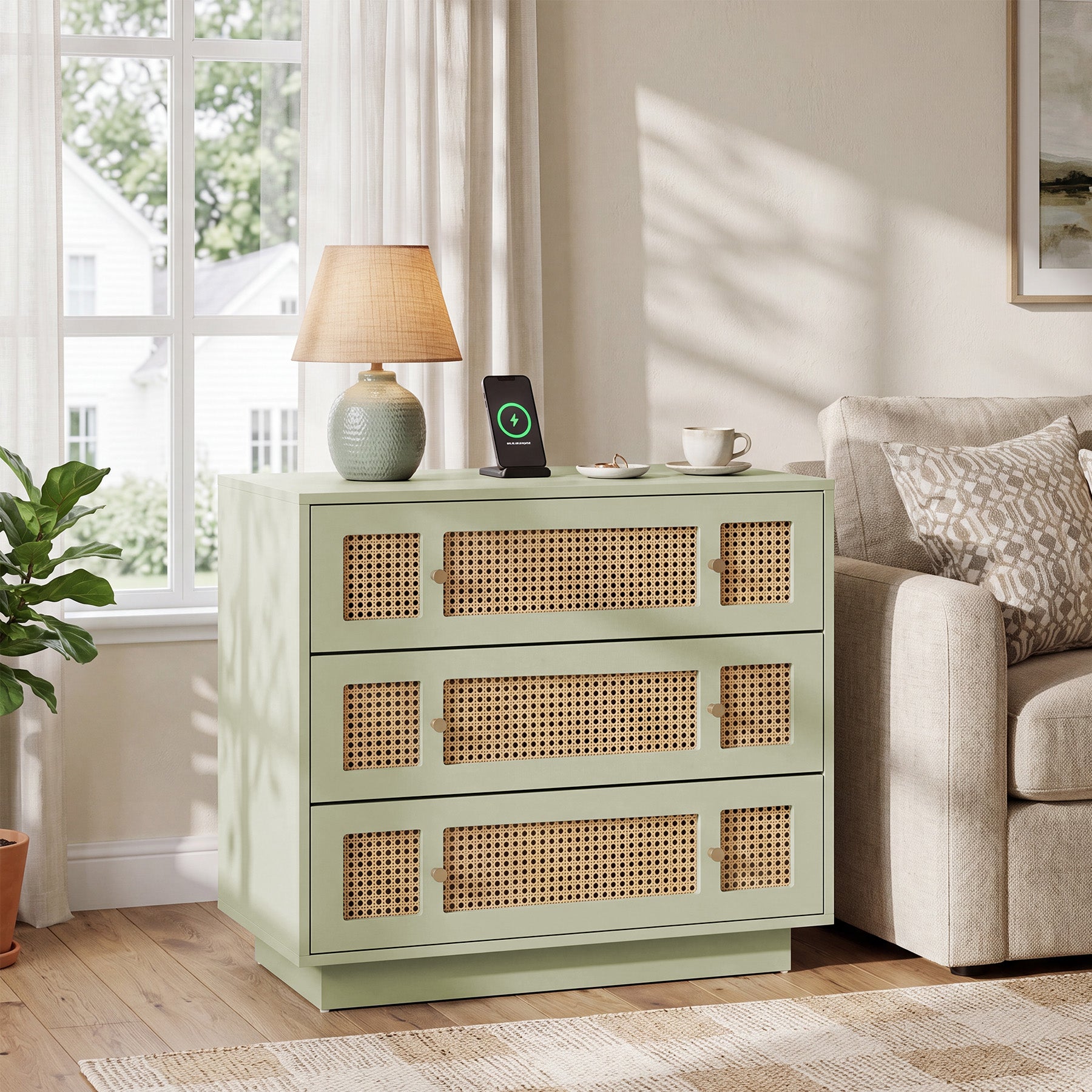 Tribesigns 31.5 Inch Rattan Nightstand with 3 Drawers, Oversized Bedside Table for Bedroom