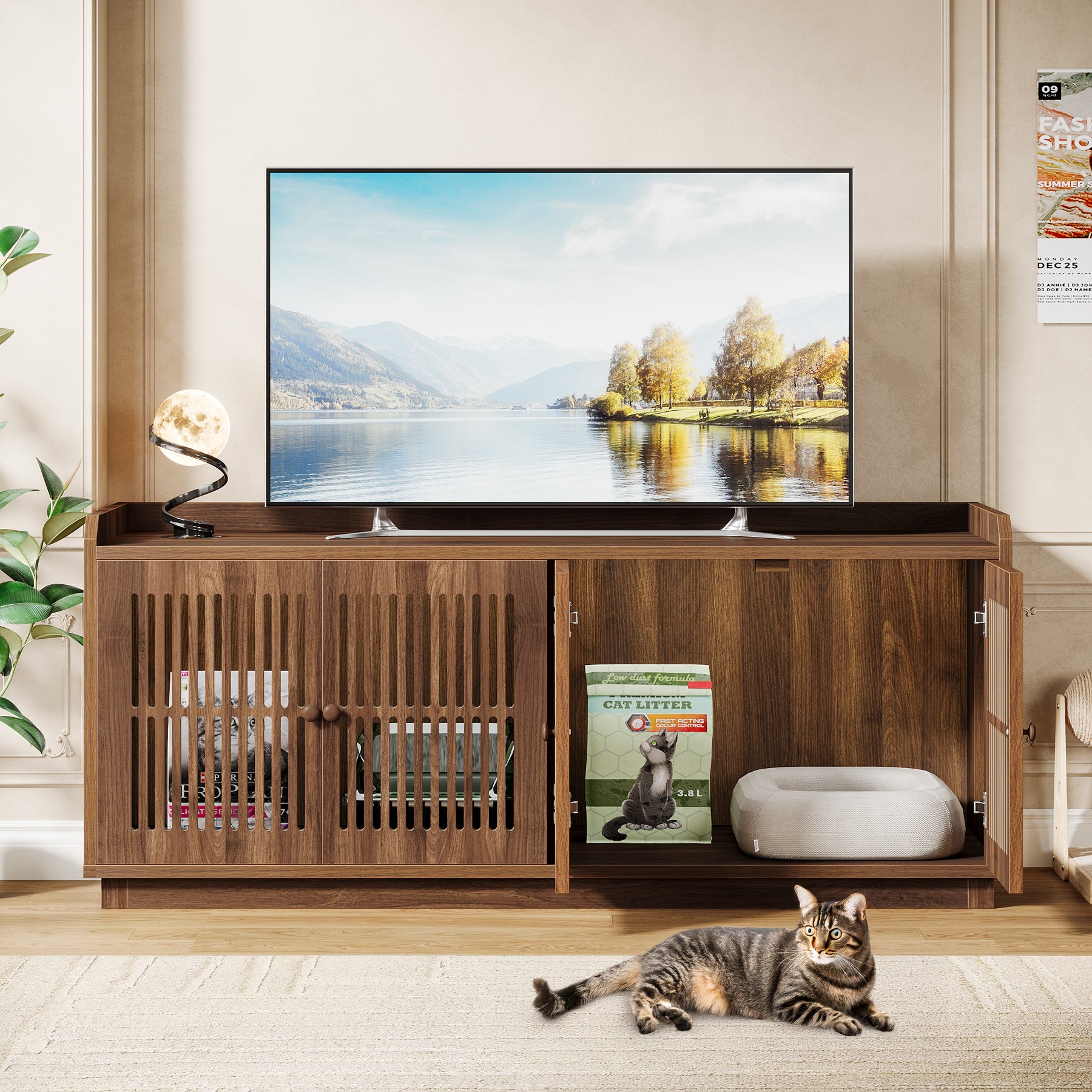 55.1-Inch Extra Large Cat Litter Box Enclosure for 2 Cats with 2 Cabinets and Side Entry, Hidden Wooden Cat Washroom Furniture for Living Room