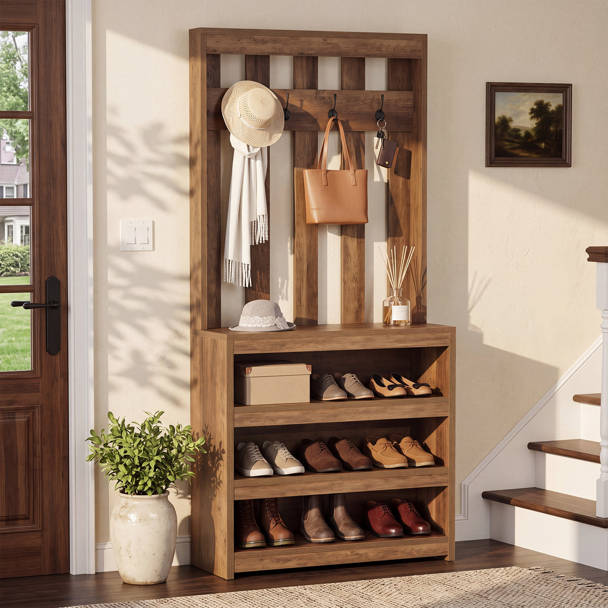 Tribesigns 70.87" Slatted Room Divider with Shoe Shelves, Farmhouse Hall Tree with 4 Hooks for Entryway