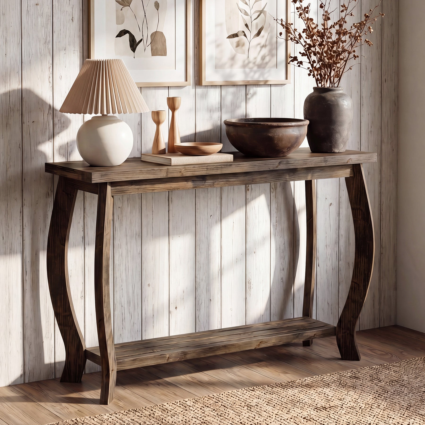 41.3 Inch Solid Wood Console Table with Curved Legs, Farmhouse Entryway Table with Shelf