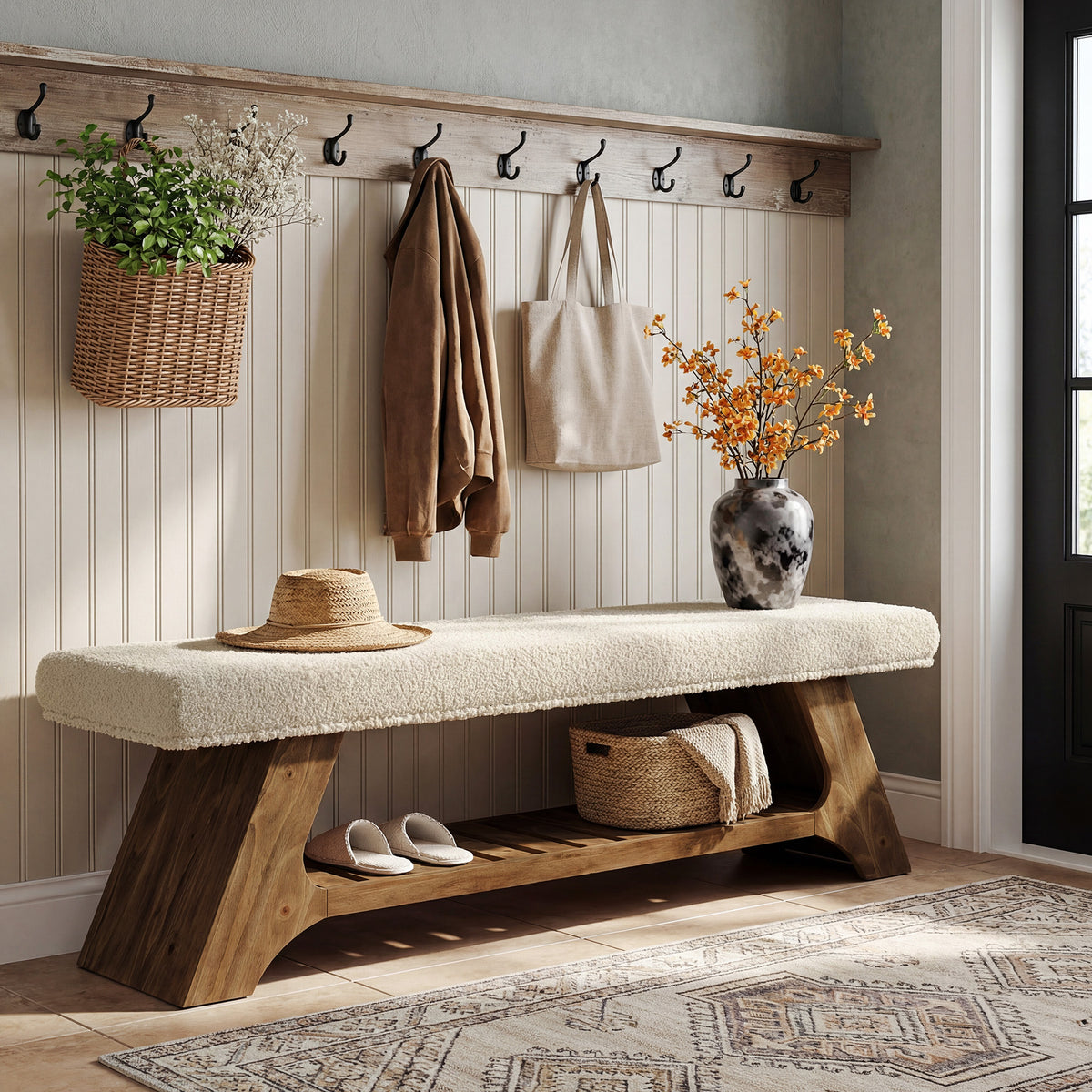 55" Solid Wood Storage Bench with Cushion, Upholstered Entryway Shoe Bench