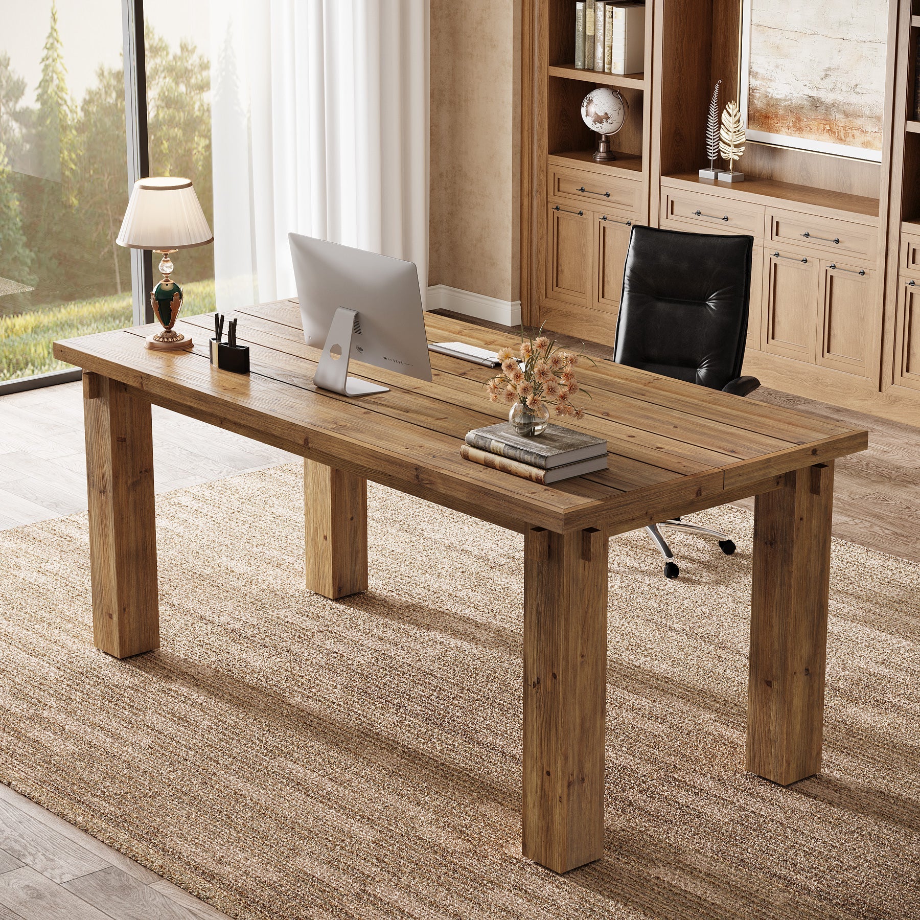 63-Inch Solid Wood Executive Desk with Thick Top, Farmhouse Computer Desk for Home Office